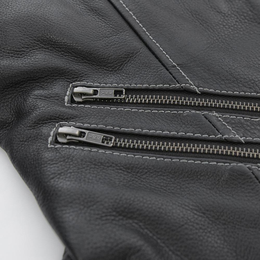 Quinn Women's Club Style Leather Vest in black leather with paisley lining, featuring a center zipper and multiple zippered pockets.