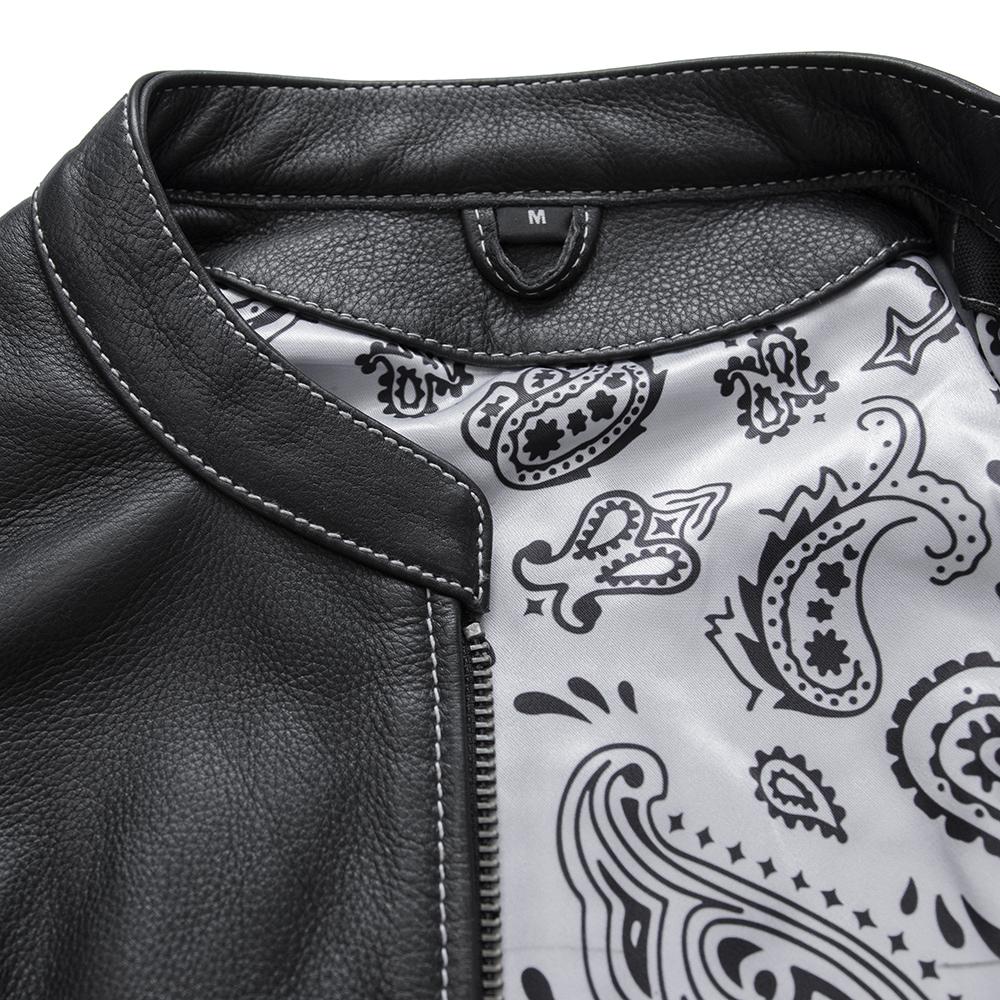 Quinn Women's Club Style Leather Vest in black leather with paisley lining, featuring a center zipper and multiple zippered pockets.