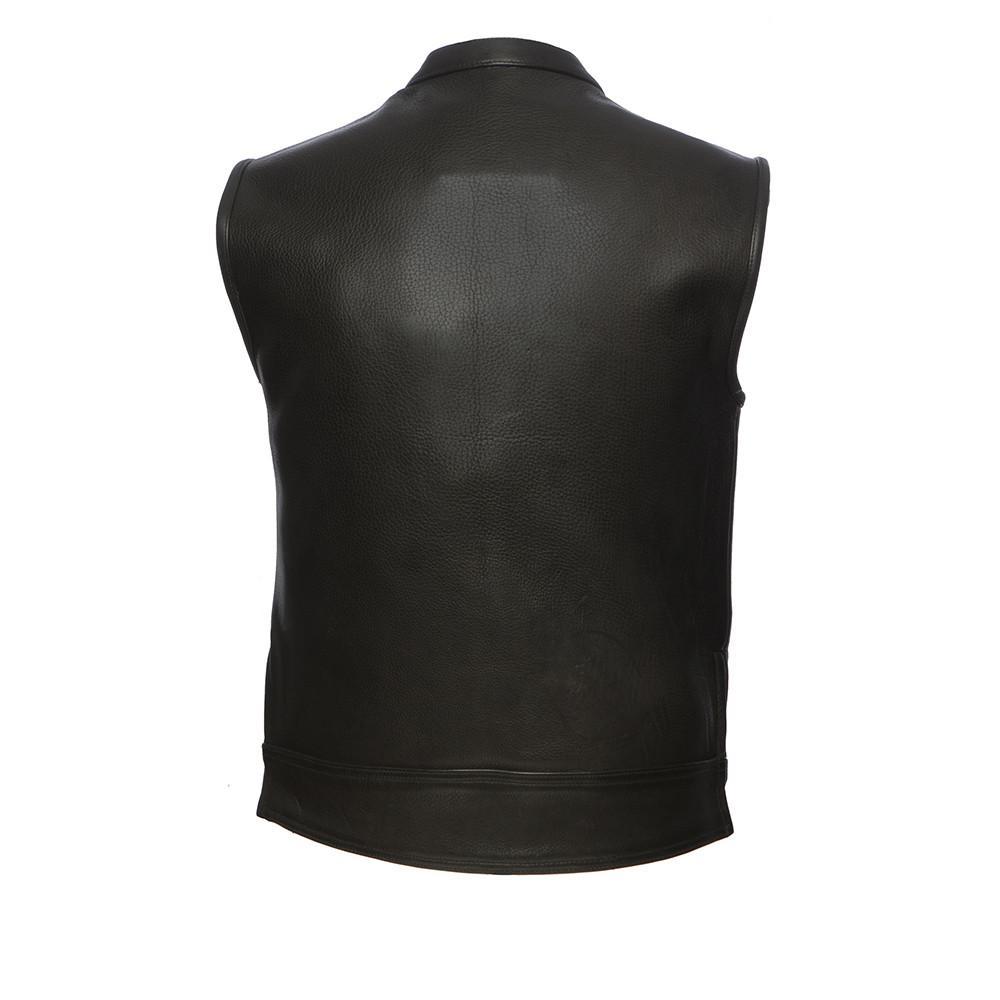 Rampage Men's Motorcycle Leather Vest made from premium cowhide, featuring a banded collar and multiple pockets.