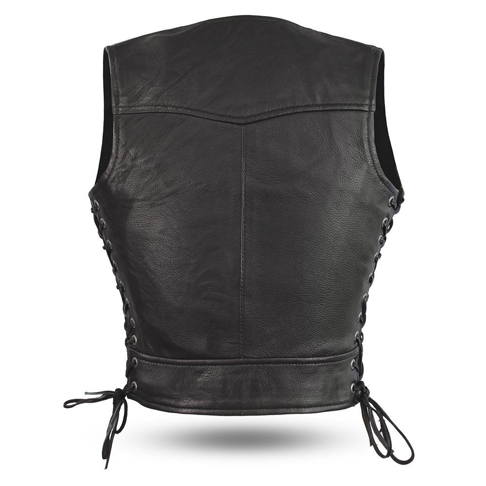 Raven-FS women's side-lace vest made from soft leather, featuring stylish cut lines and a clean zip front.