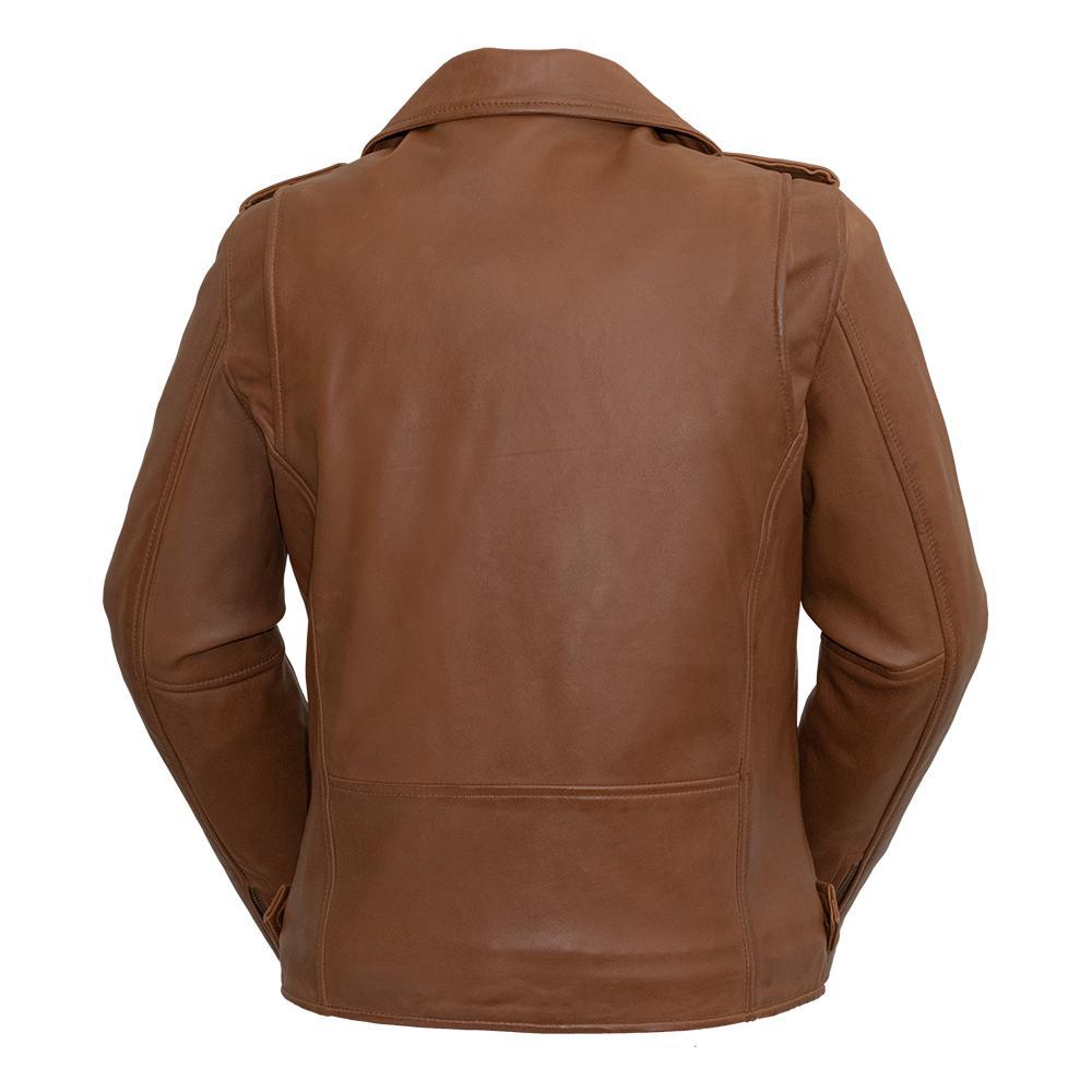 A stylish women's leather motorcycle jacket made from real sheepskin, featuring a zipper front and multiple pockets.