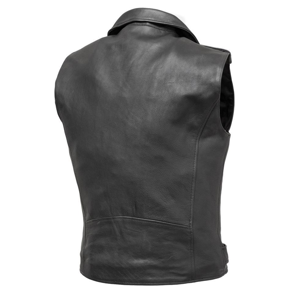 Rockin Men's Motorcycle Leather Vest featuring asymmetrical zipper and multiple pockets.