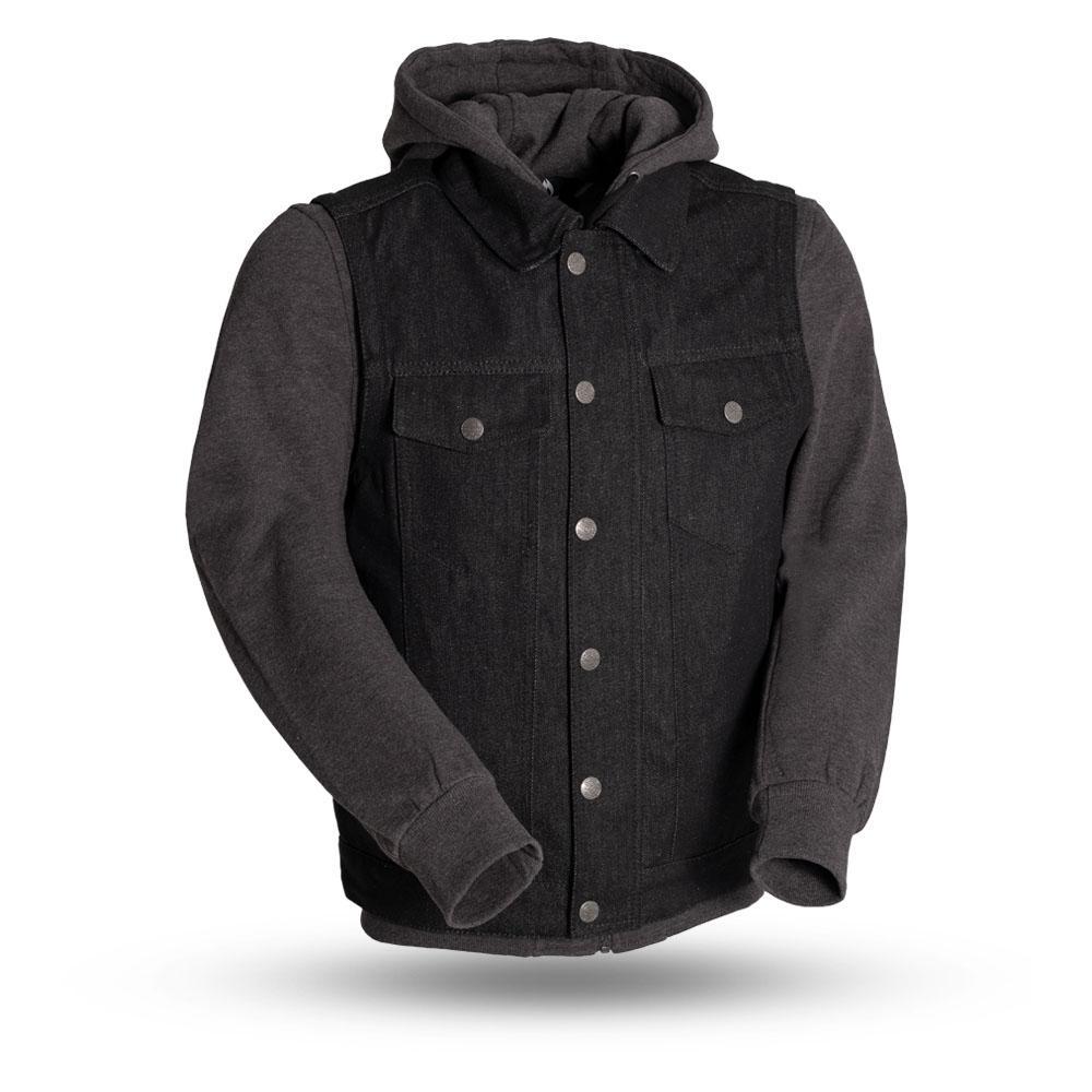 Rook Men's Motorcycle Denim Vest with Gray/Black Base Hoodie, showcasing rugged denim and stylish hoodie design.