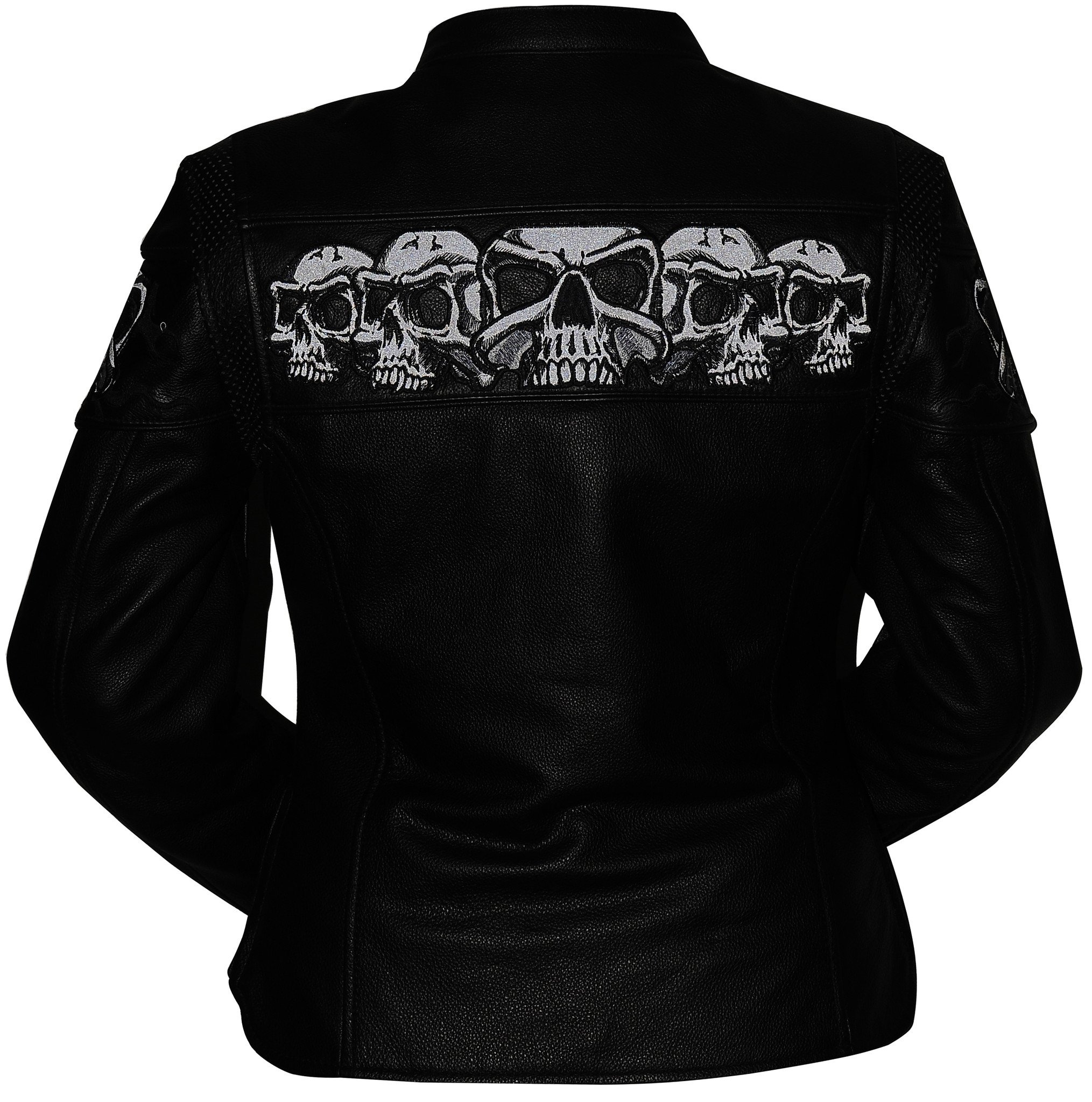 Sacred Skulls Women's Motorcycle Leather Jacket featuring reflective skull print and soft milled cowhide material.