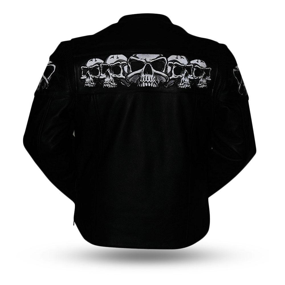 Savage Skulls Men's Motorcycle Leather Jacket showcasing reflective skull design and multiple pockets.