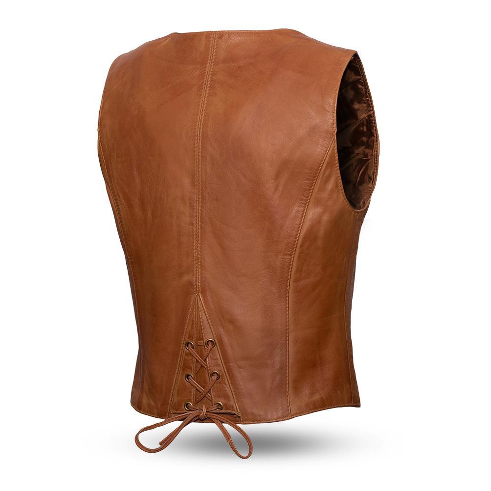 Savannah Women's Motorcycle Vest made of soft lambskin with V-neck and center zipper, featuring two outside pockets and satin liner.