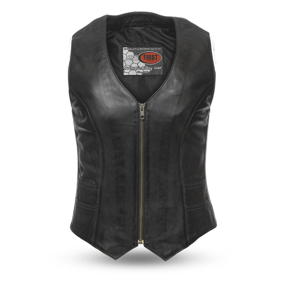 Savannah Women's Motorcycle Vest made of soft lambskin with V-neck and center zipper, featuring two outside pockets and satin liner.
