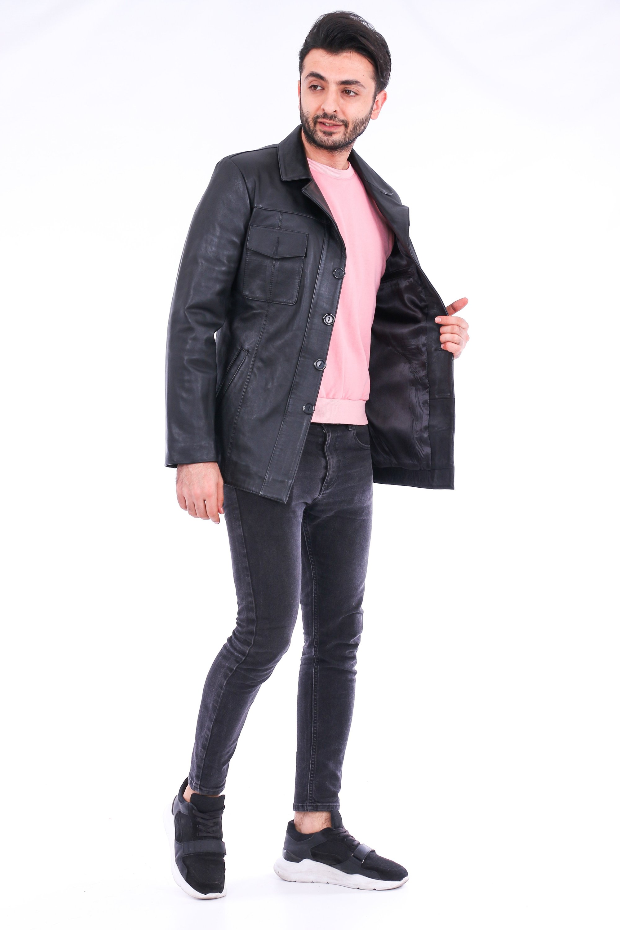 Sergio Leather Jacket made from genuine lambskin, featuring a modern fit, band collar, and four outside pockets in sleek black color.