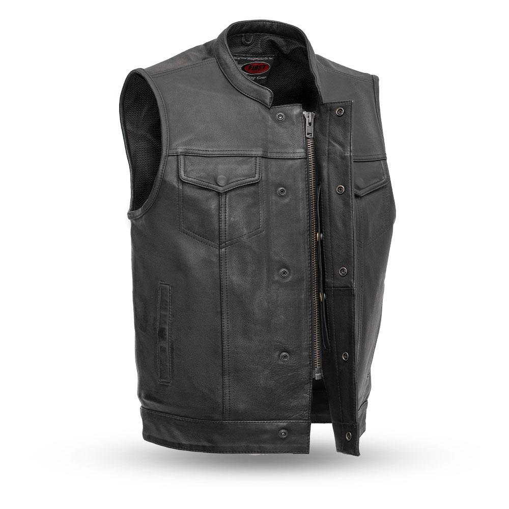 Sharp Shooter Men's Motorcycle Leather Vest made from premium cowhide with concealed carry pockets and stylish design.