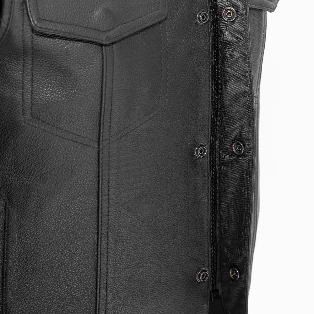 Sniper Men's Motorcycle Leather Vest in black, featuring a banded collar, buttoned pockets, and YKK zippers.