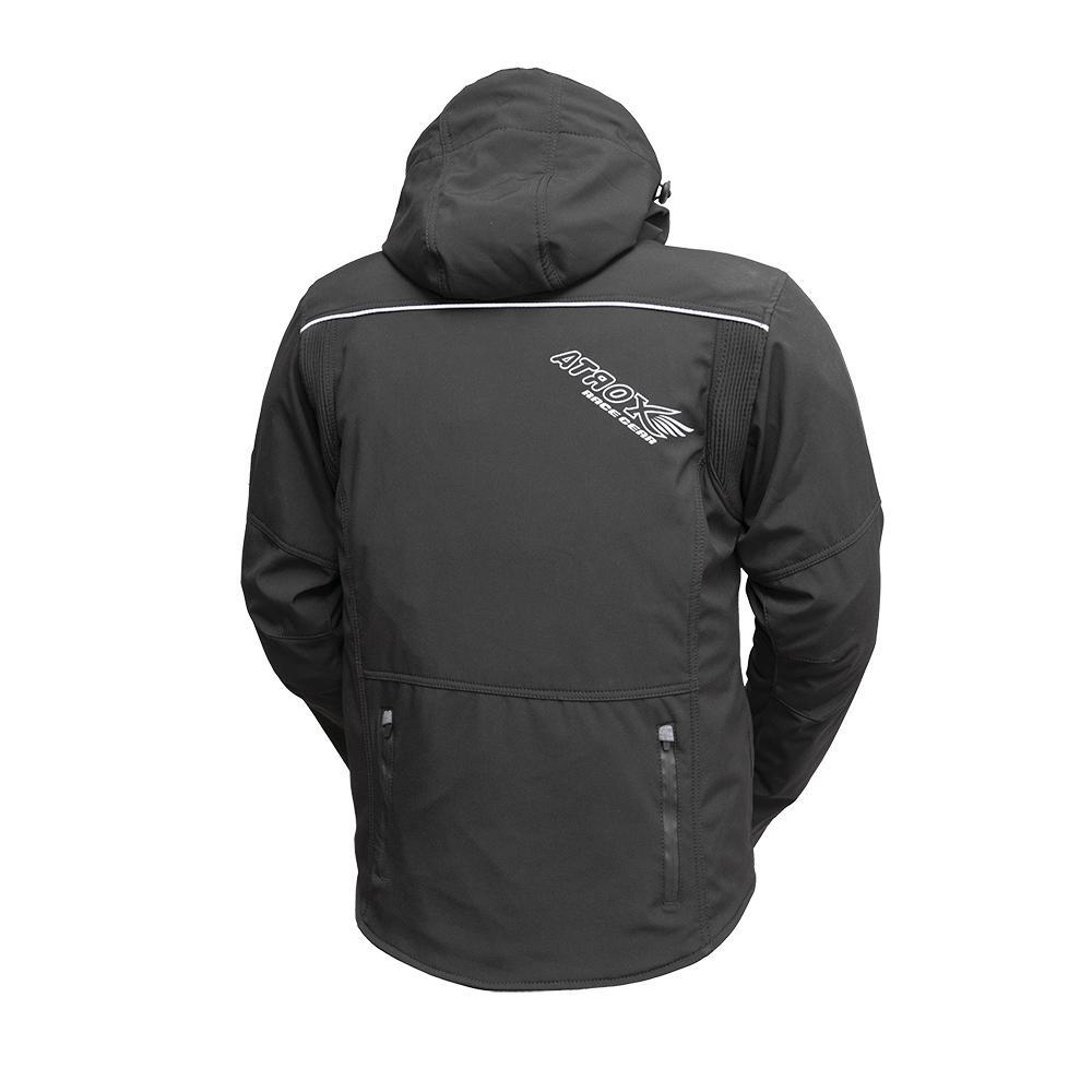 Soft-Shell Touring Hood Jacket featuring breathable fabric, removable hood, and reflective designs for safety.