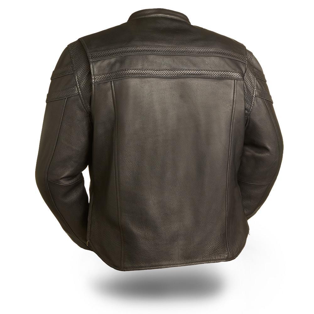 Men's motorcycle leather jacket with ventilation features, mandarin collar, and reflective piping.