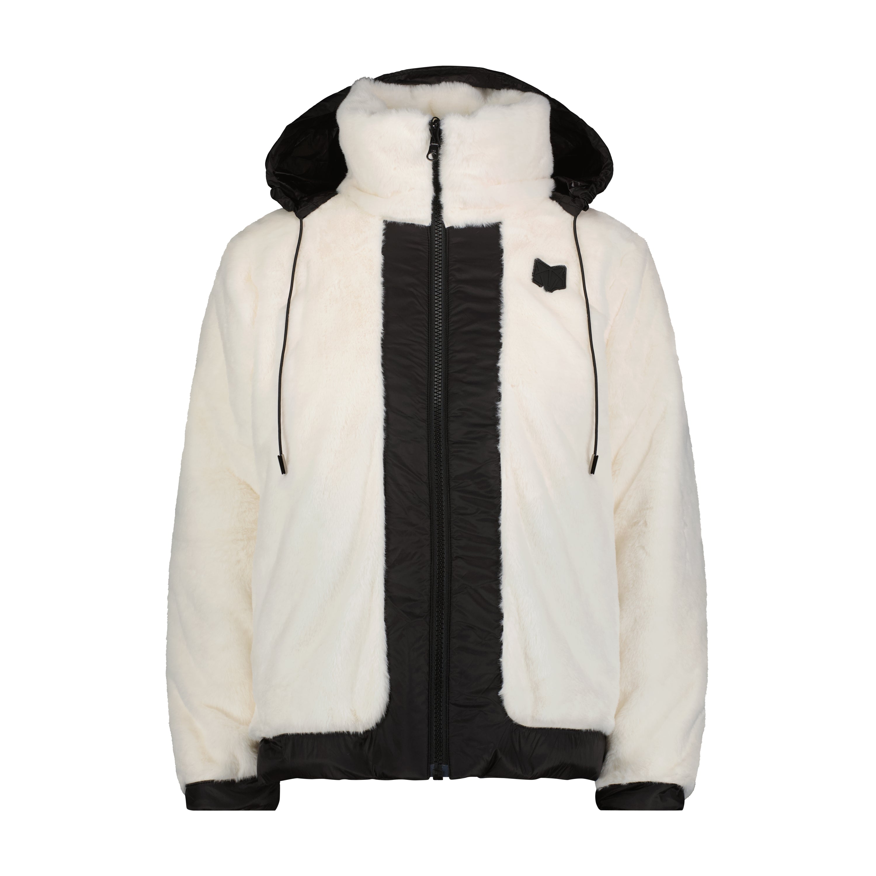 The Lamb's Secret reversible coat showcasing white fur and sleek inner lining.