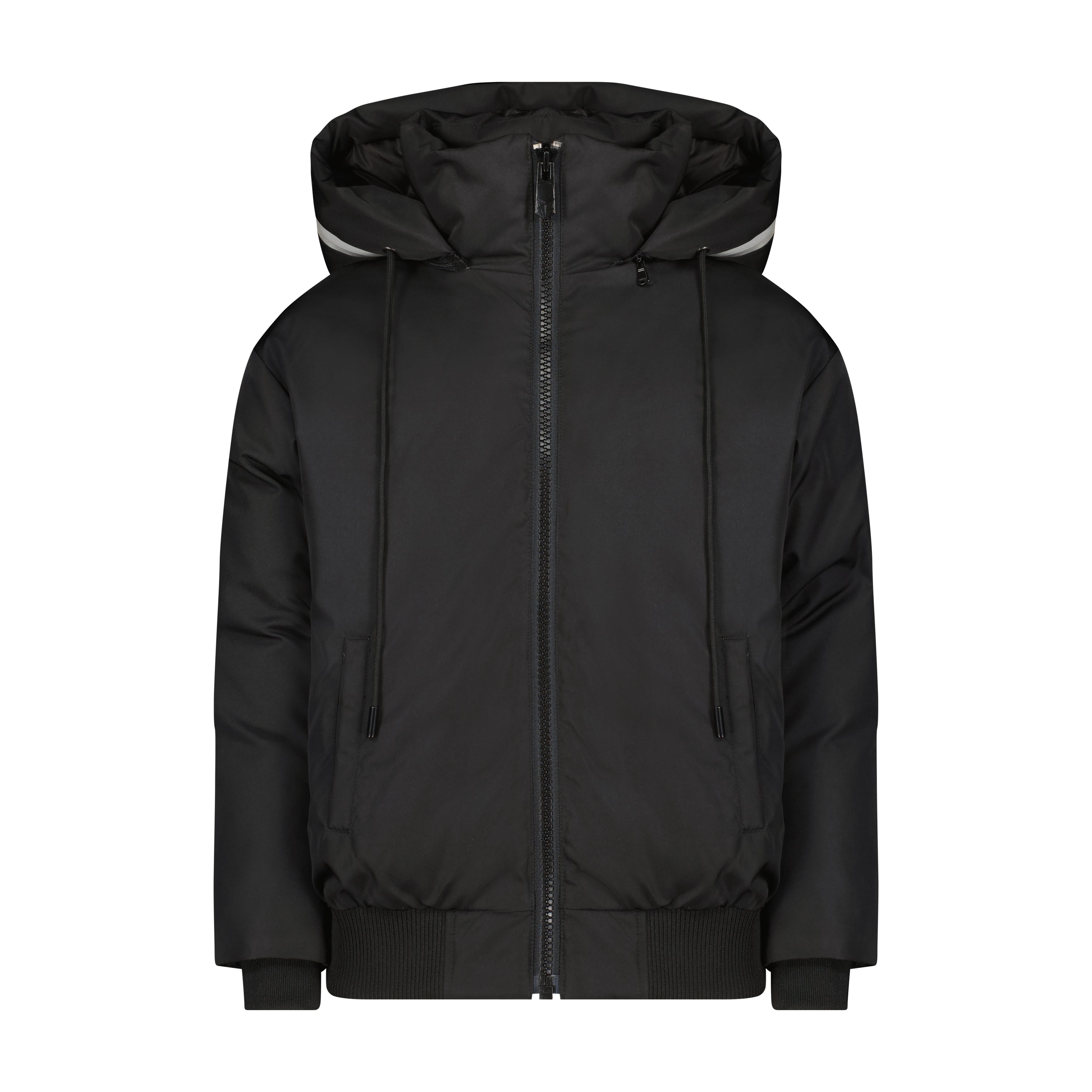 A stylish black winter coat with a high collar and reflective hood, designed for warmth and safety, featuring elastic cuffs and side pockets.