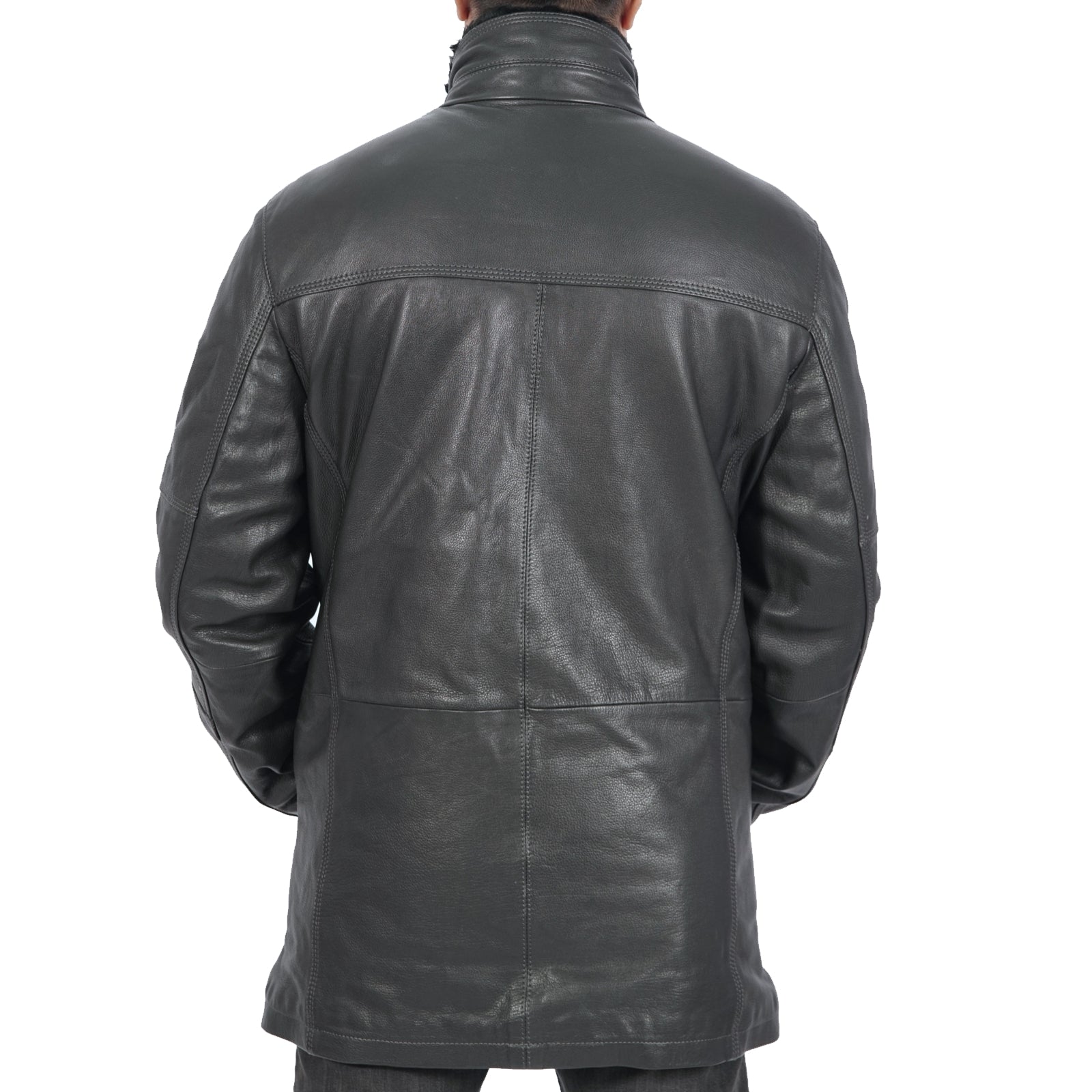 Traper Warm Long Black Leather Jacket featuring a fashionable collar, sturdy zip fastening, and stylish quilted details.