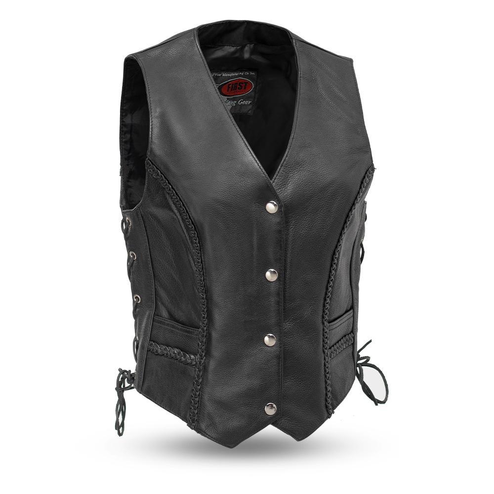 Trinity Women's Leather Motorcycle Vest featuring soft milled cowhide, thick braided seams, and stylish side lacing.