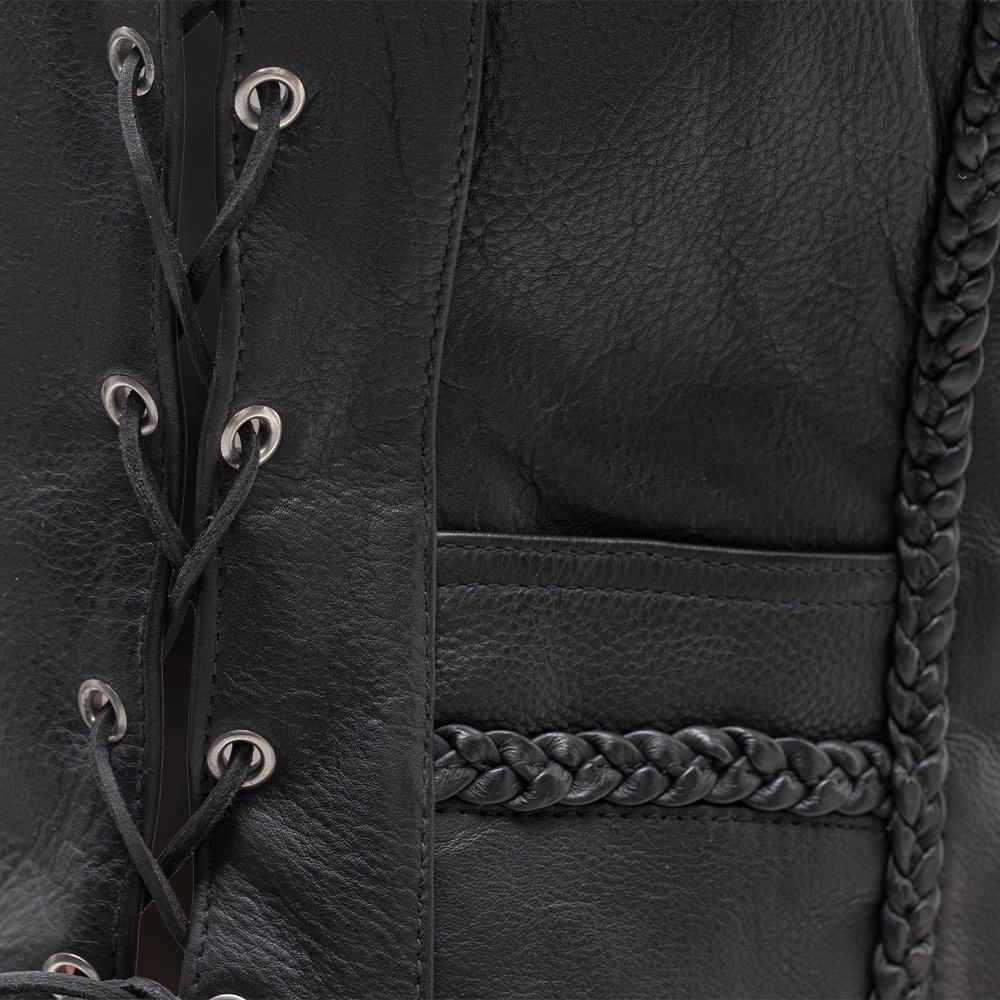 Trinity Women's Leather Motorcycle Vest featuring soft milled cowhide, thick braided seams, and stylish side lacing.