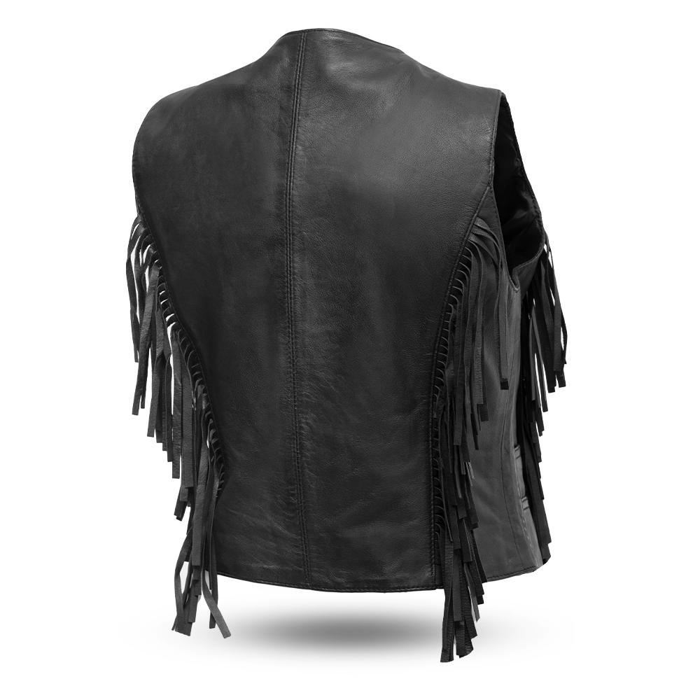 Tuck Women's Fringe Leather Vest in genuine lambskin leather with V-Neck design and fringe detailing.