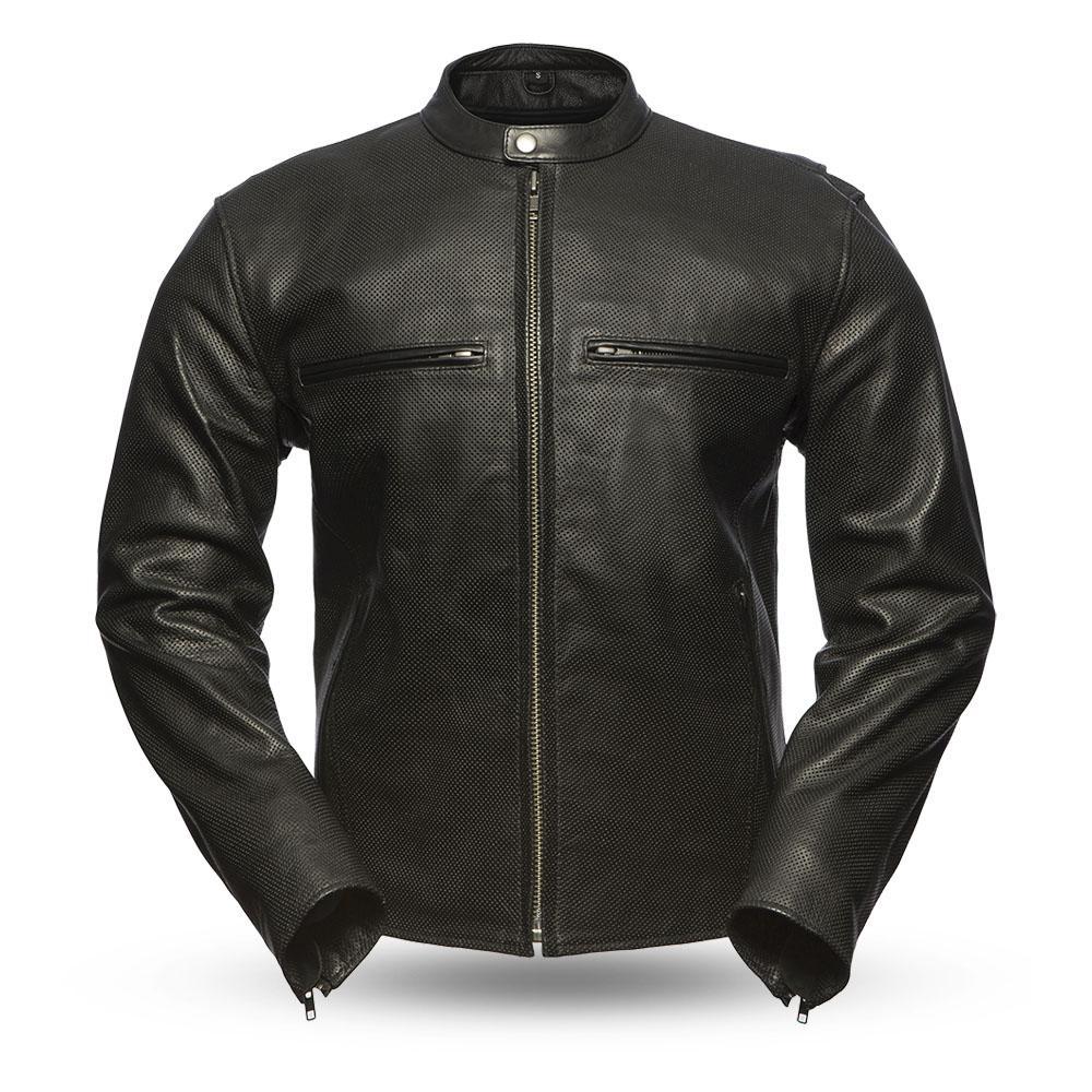 Turbine Men's Perforated Leather Motorcycle Jacket showcasing perforated diamond cowhide, stylish design, and multiple pockets.