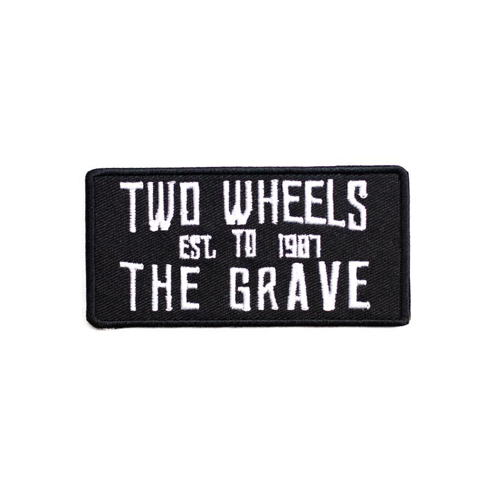 Two Wheels To The Grave embroidered patch featuring a motorcycle design, ideal for jackets and vests.