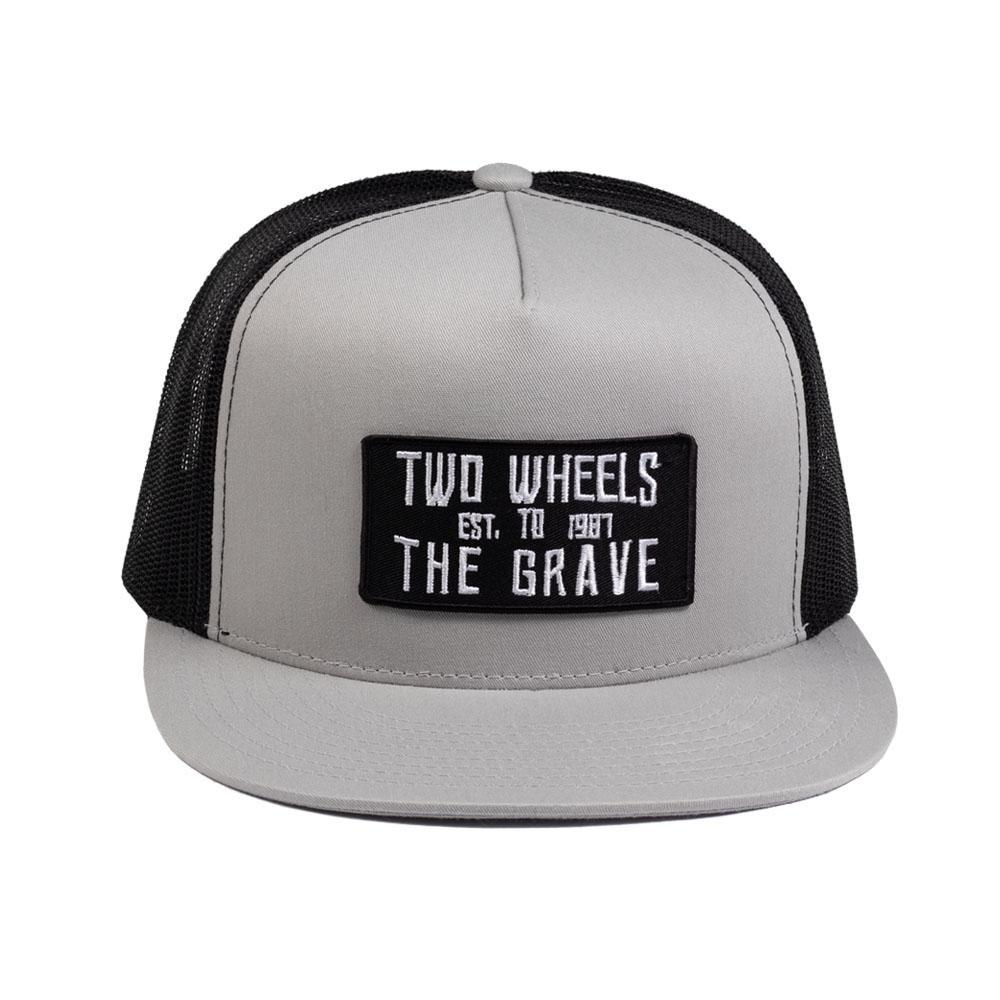 TWTG Two Tone Hat featuring a silver and black design with a flat brim and Two Wheels to the Grave patch.