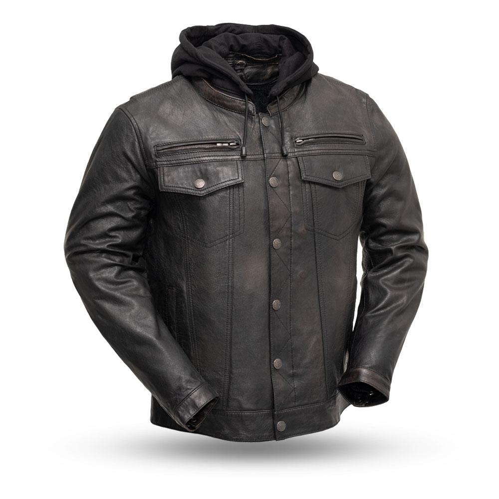 Vendetta Men's Leather Motorcycle Jacket showcasing its stylish design and multiple pockets.