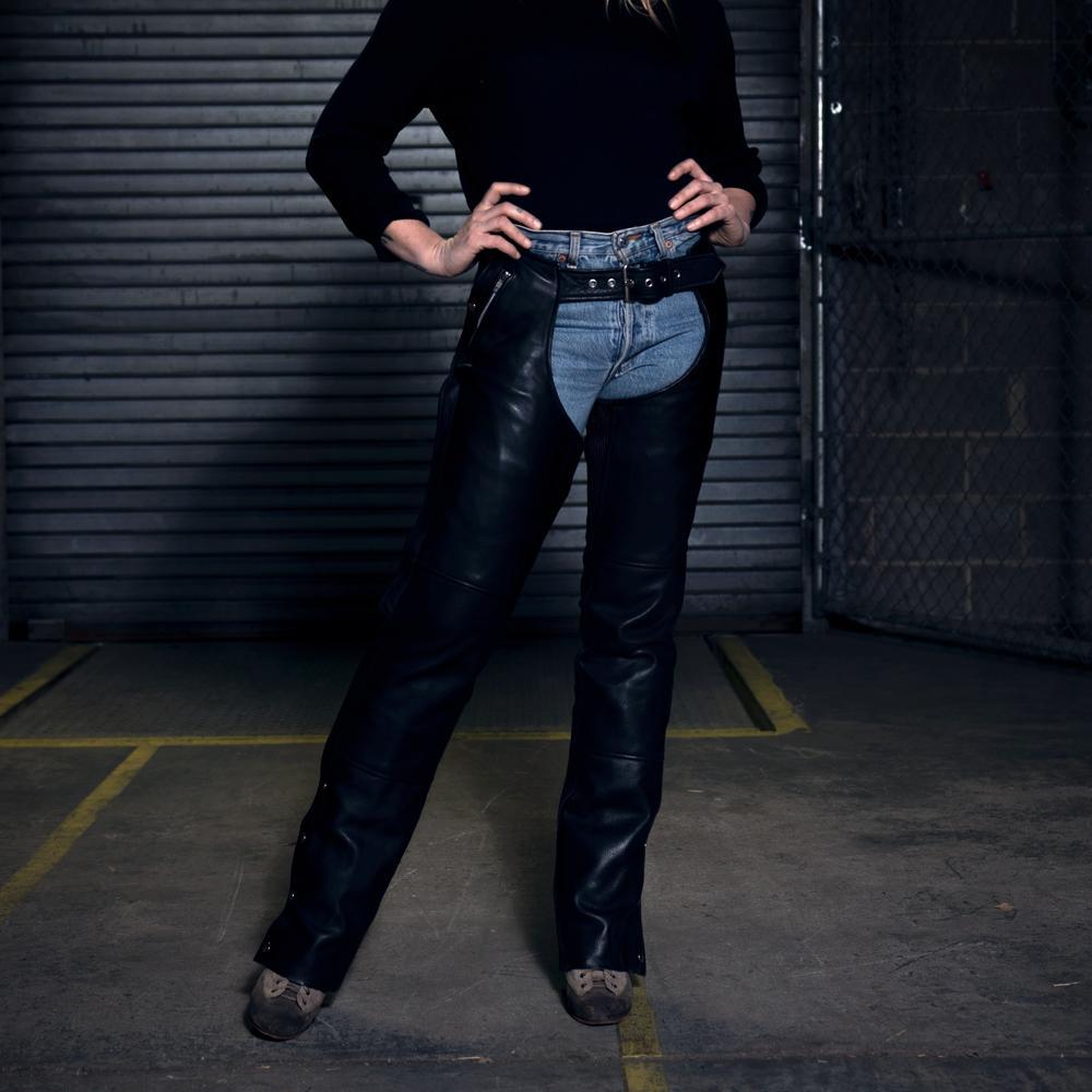 Wind Walker unisex motorcycle leather chaps featuring diamond naked cowhide, multiple pockets, and adjustable back lacing.