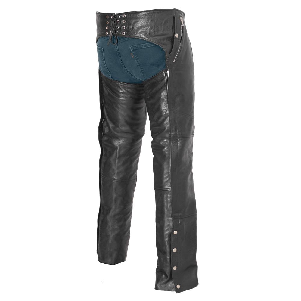 Wind Walker unisex motorcycle leather chaps featuring diamond naked cowhide, multiple pockets, and adjustable back lacing.
