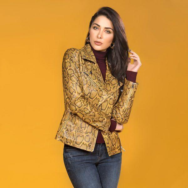 WOMEN PREMIUM MUKMAL Official Leather Jacket showcasing high-quality leather, satin lining, and stylish motorcycle design.