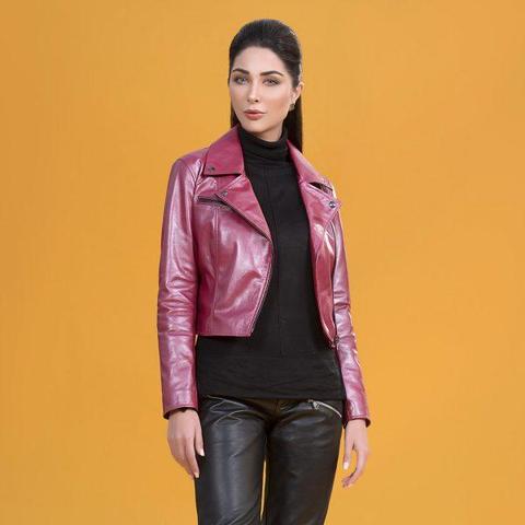 WOMEN PREMIUM MUKMAL Official Leather Jacket showcasing high-quality leather, satin lining, and stylish motorcycle design.
