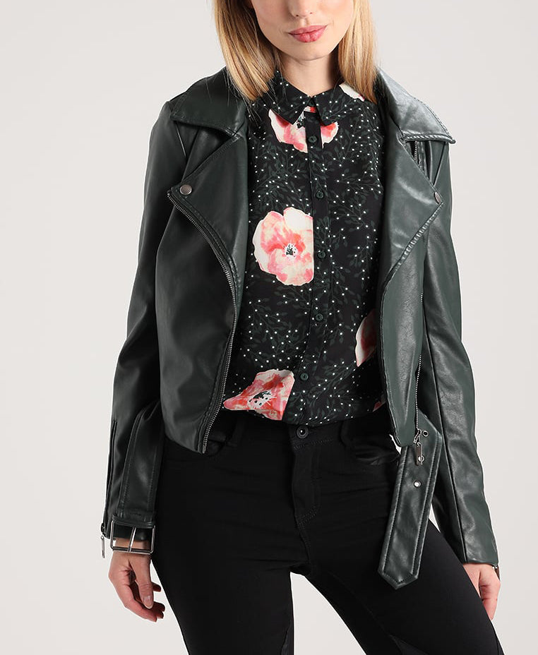 Women Real Lambskin Leather Biker Jacket KW257 featuring high-quality leather, satin lining, and stylish design with pockets.