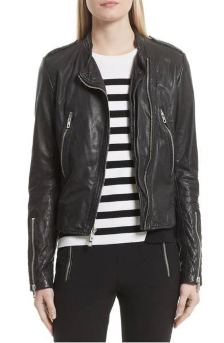 Women Real Lambskin Leather Biker Jacket KW364 featuring high-quality leather, satin lining, and stylish biker design with pockets.