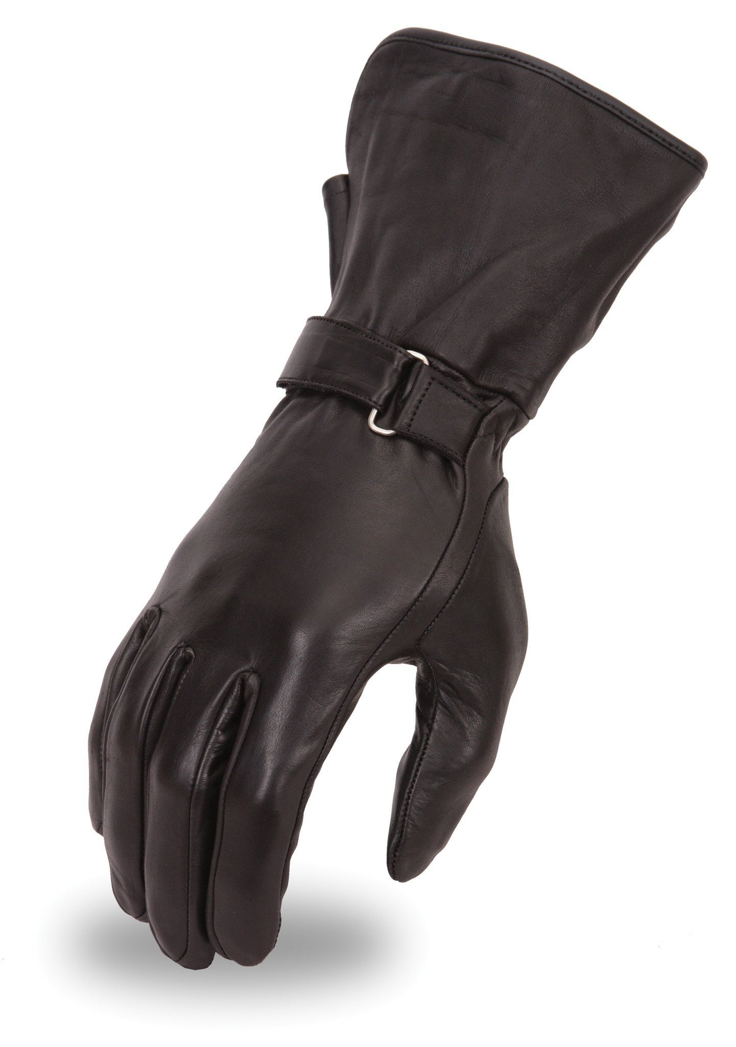 A pair of Women's Lightweight Motorcycle Leather Gauntlet Gloves featuring a sleek design, adjustable wrist strap, and made from high-quality leather.