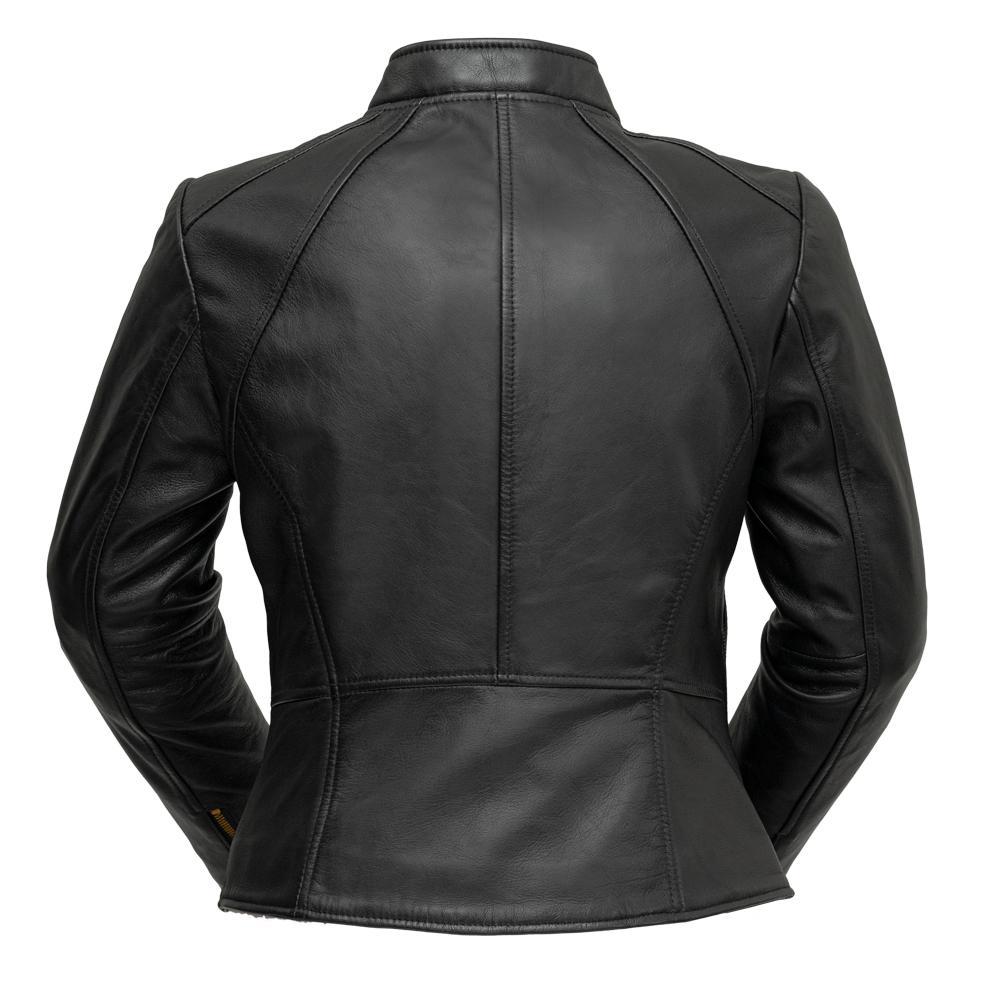 ZOEY Ladies Leather Blazer in genuine lambskin leather with asymmetrical zipper and gold-tone hardware, showcasing its stylish design.
