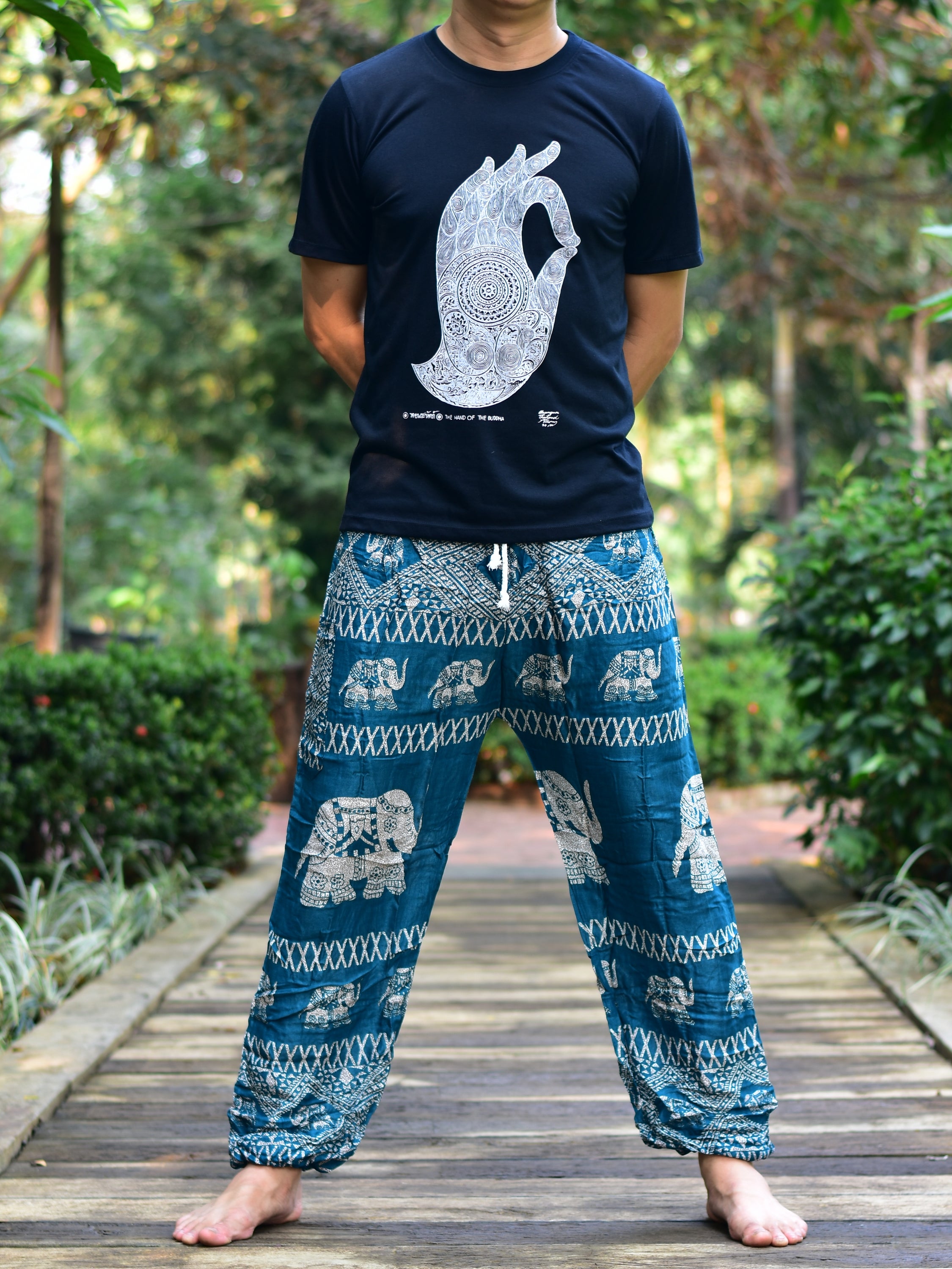 Bohotusk Men's Green Elephant Bull Print Harem Pants featuring a vibrant elephant design and comfortable cord tie waist.