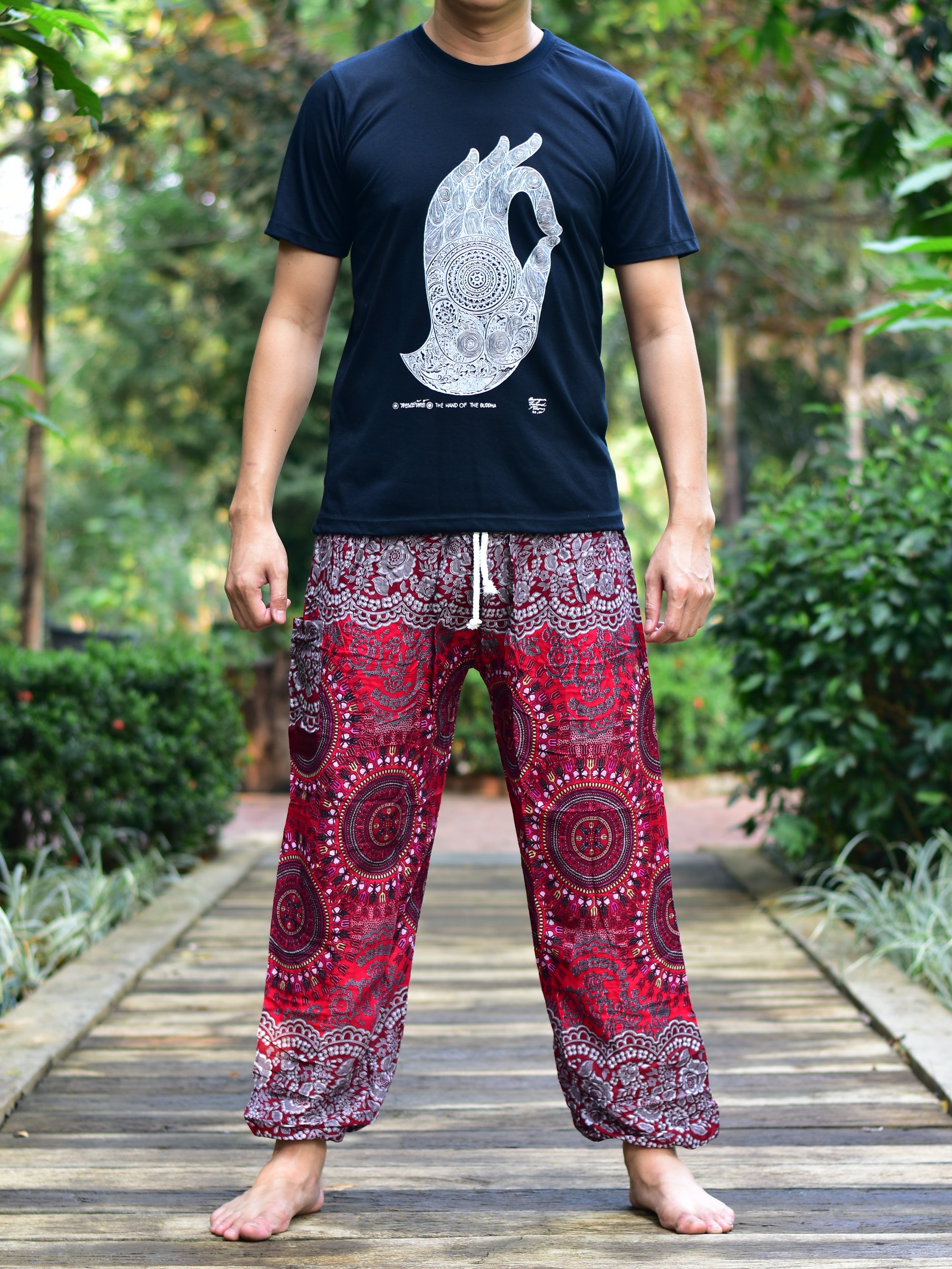 Bohotusk Men's Red Sun Beam Harem Pants featuring a drawstring waist and elasticated ankles, made from soft rayon fabric.