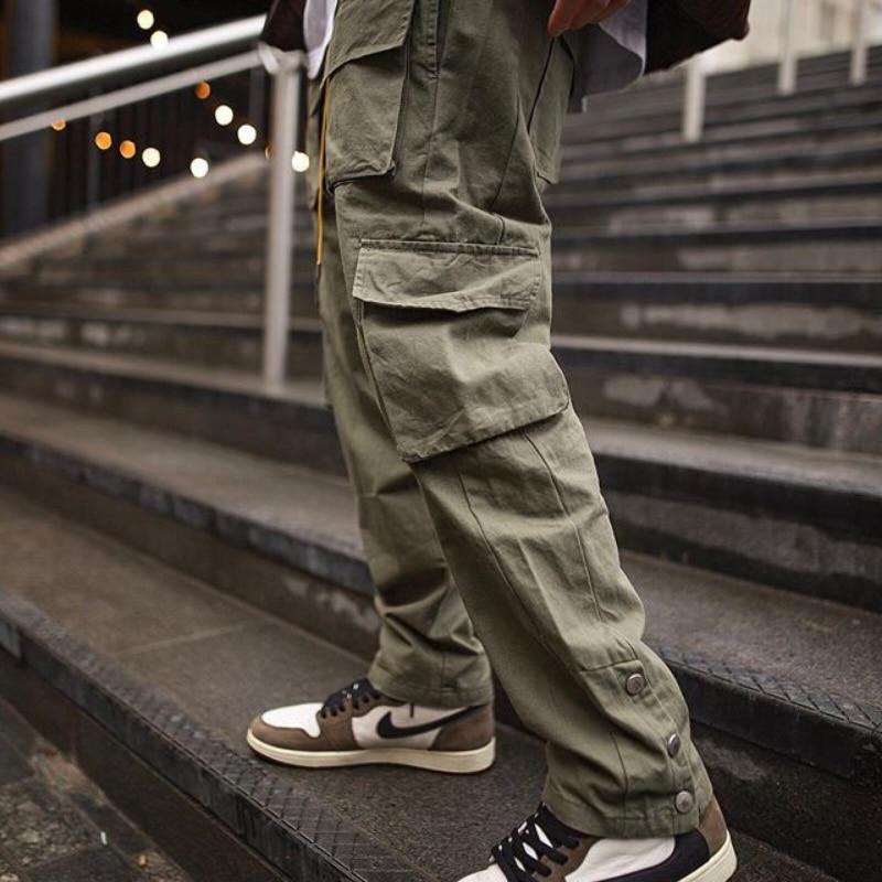 Multi-Pocket Casual Cargos in green, black, and khaki colors, showcasing multiple pockets and a loose fit design for men.