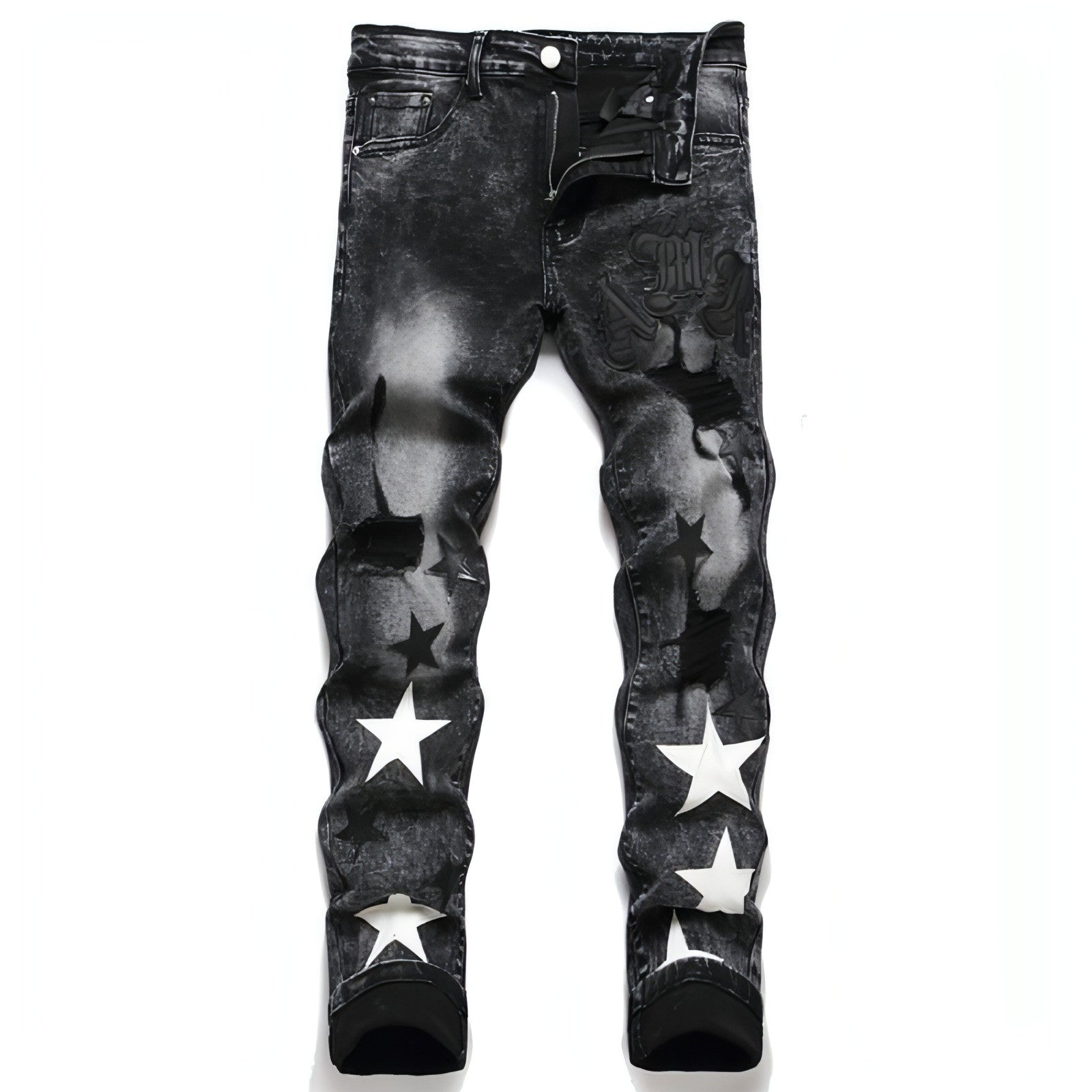 Punk men's jeans featuring unique hole embroidery and five-pointed star detailing, showcasing a rebellious style.