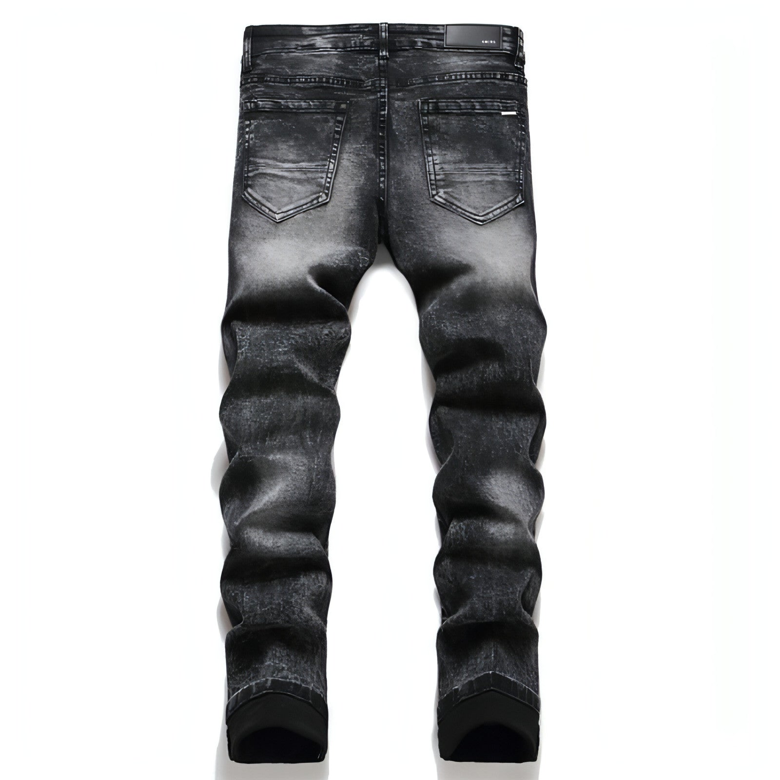 Punk men's jeans featuring unique hole embroidery and five-pointed star detailing, showcasing a rebellious style.