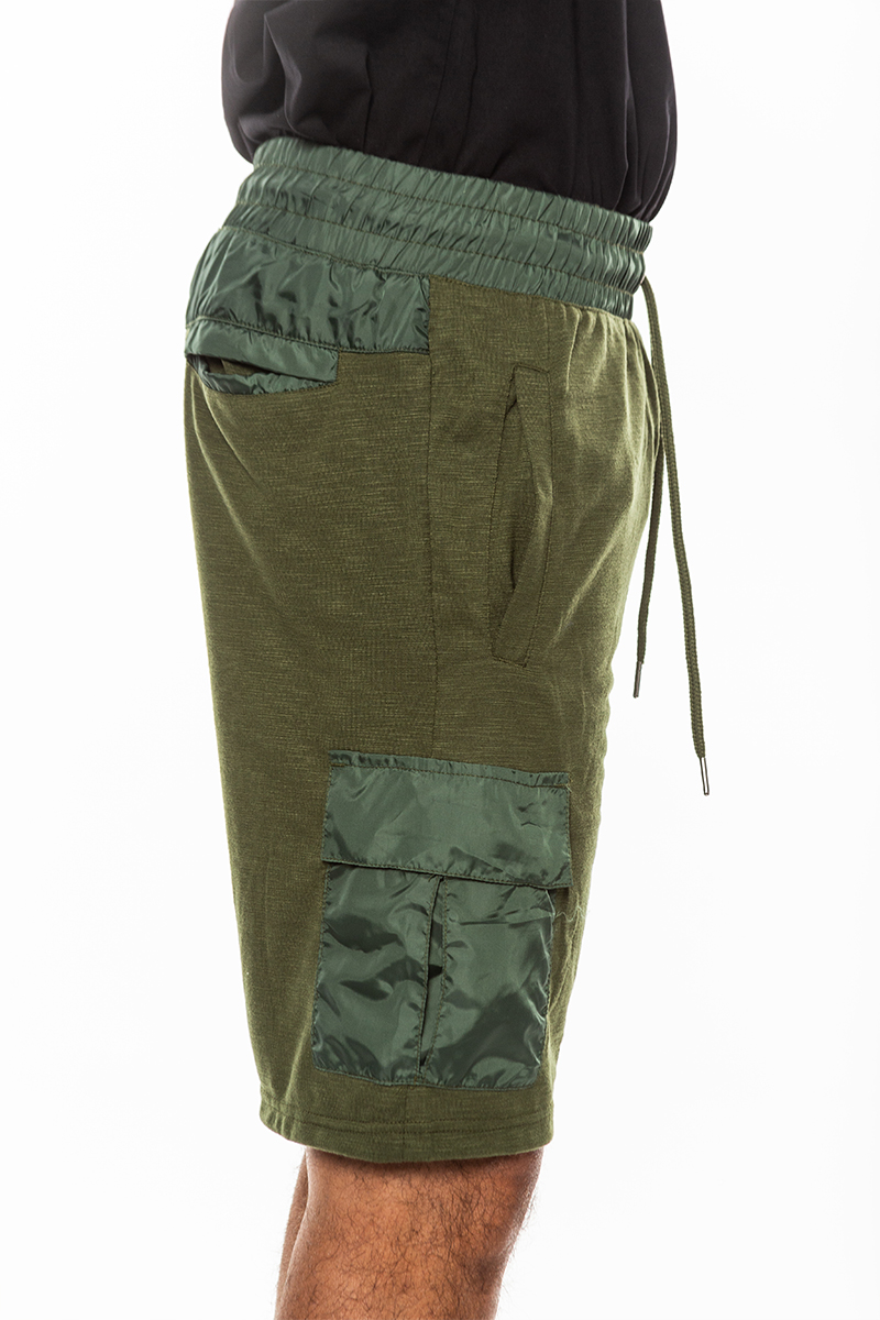 Light Weight Slub Shorts featuring an elastic waist and drawstring, made from 80% cotton and 20% spandex, with a single back pocket.