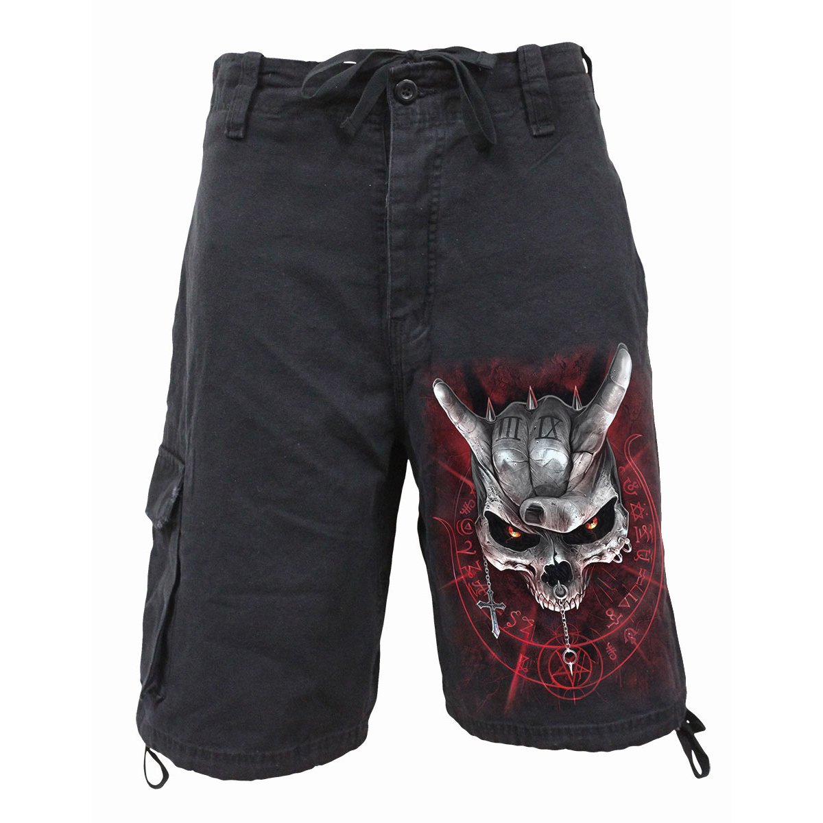 A pair of NEVER TOO LOUD Vintage Cargo Shorts in black, made from stone washed 100% cotton denim, featuring multiple pockets and a stylish vintage design.