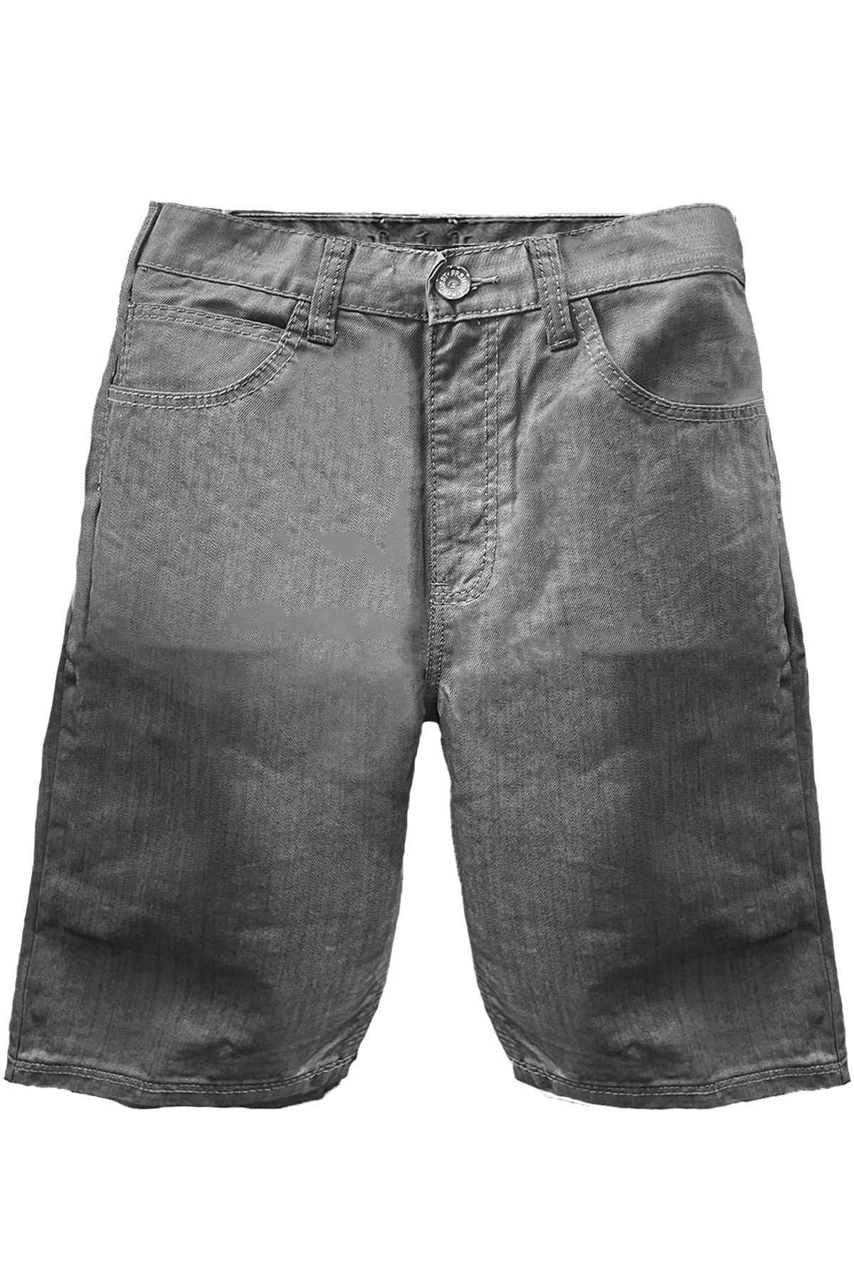 Premium Grey 5 Pocket Shorts featuring a stylish design with button and zipper closure, made from stretchy denim fabric.