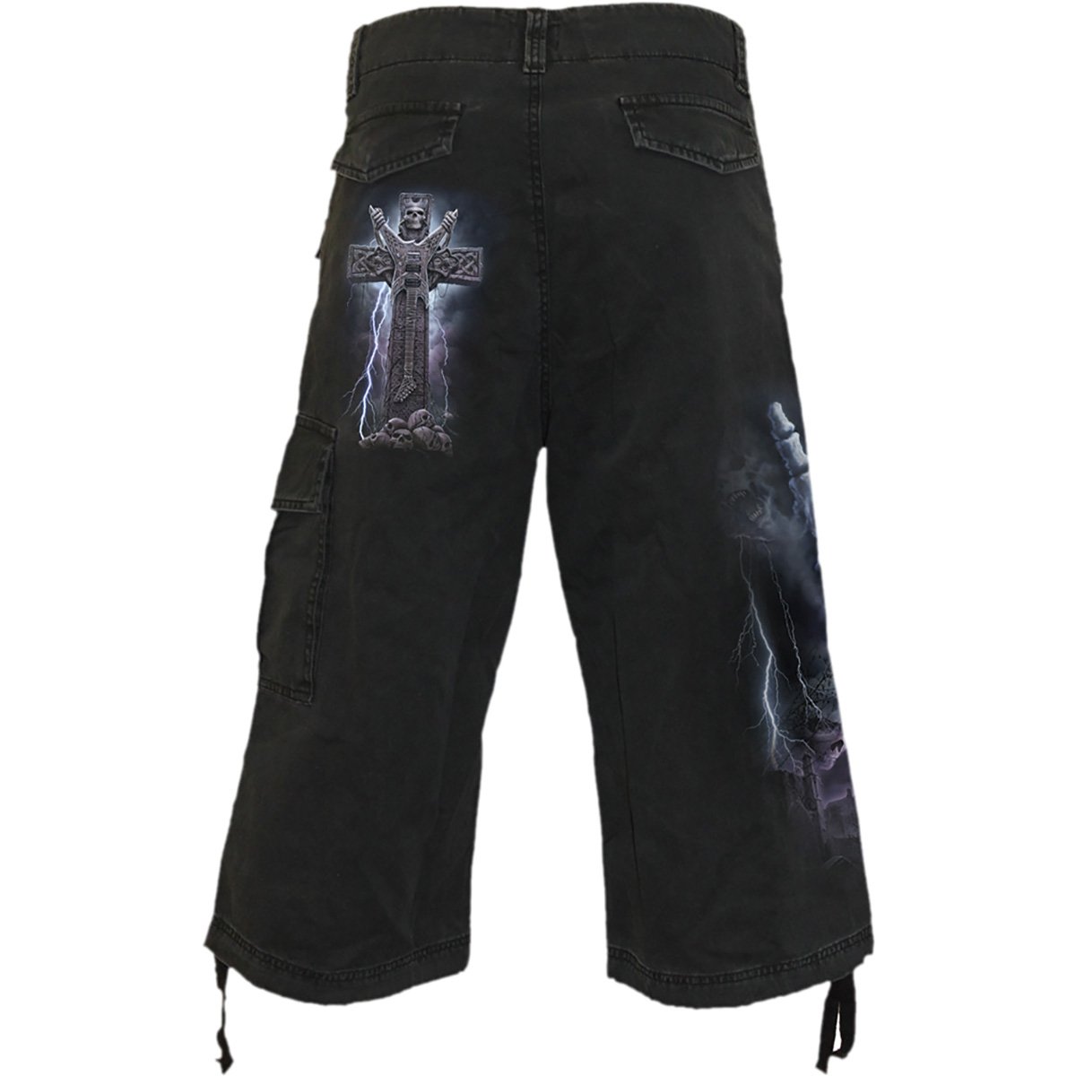 ROCK ETERNAL Vintage Cargo Shorts in black, featuring a stylish 3/4 long design made from 100% cotton denim, perfect for heavy metal fans.