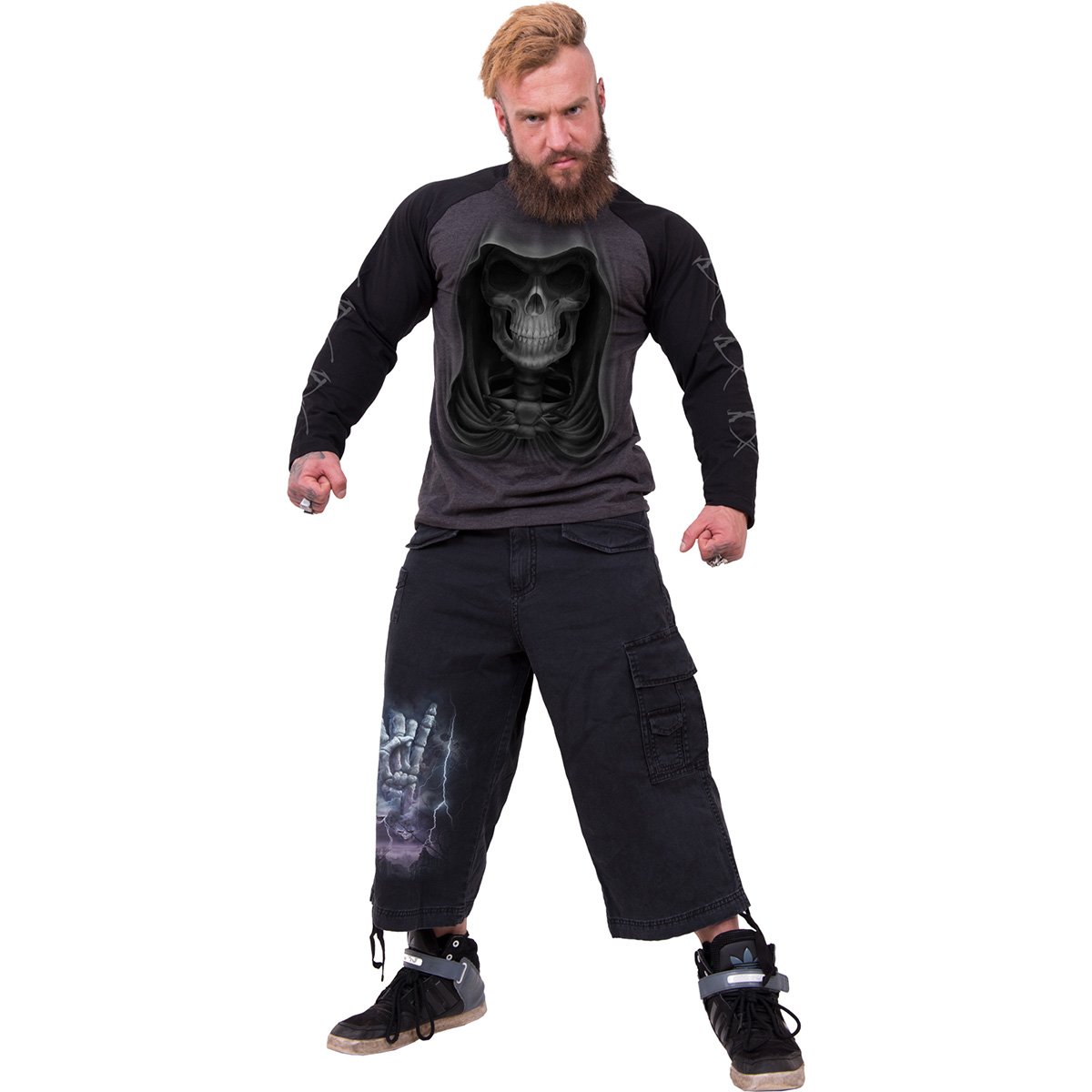 ROCK ETERNAL Vintage Cargo Shorts in black, featuring a stylish 3/4 long design made from 100% cotton denim, perfect for heavy metal fans.