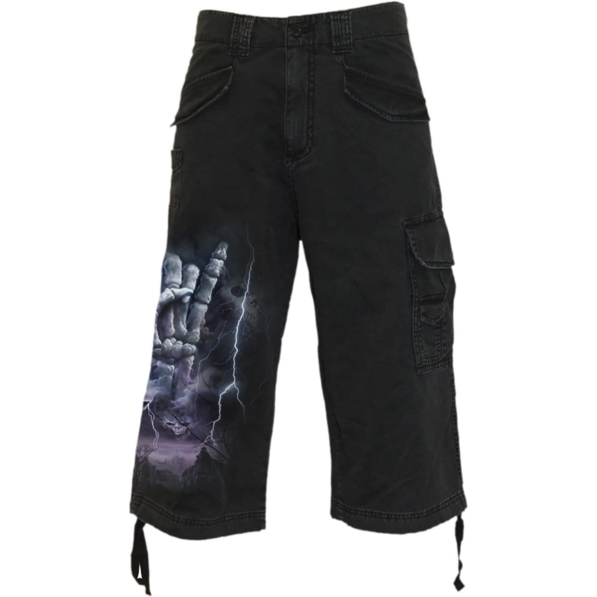 ROCK ETERNAL Vintage Cargo Shorts in black, featuring a stylish 3/4 long design made from 100% cotton denim, perfect for heavy metal fans.
