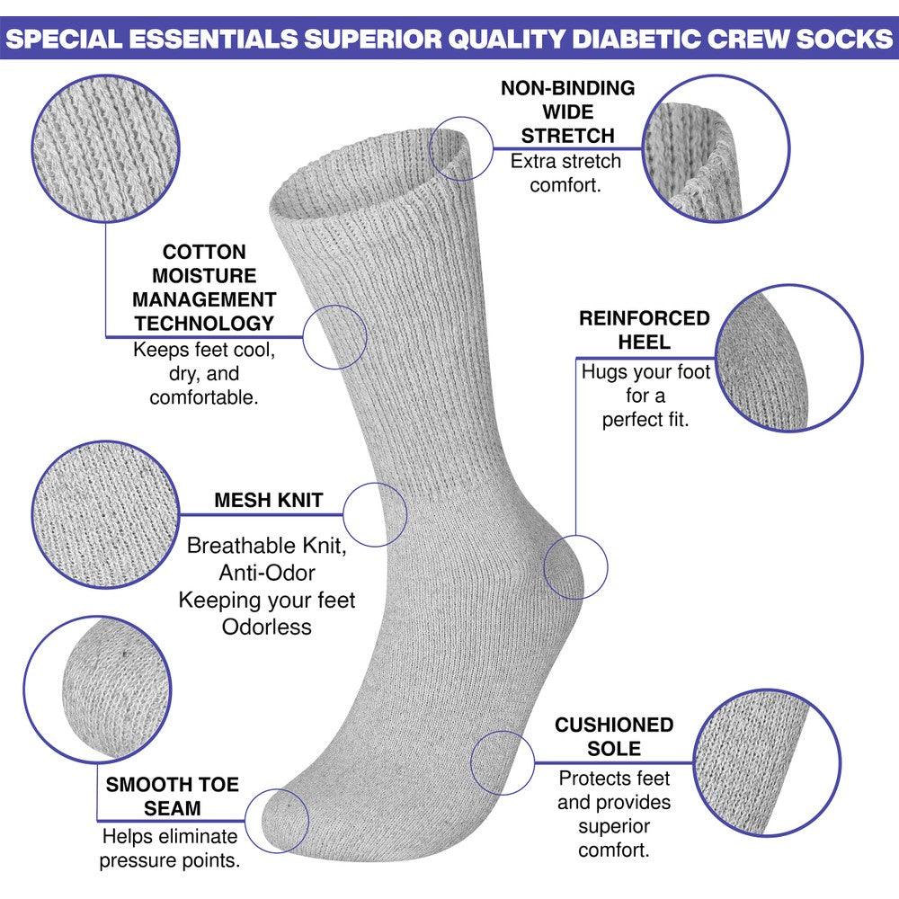 6 pairs of unisex diabetic crew socks in various colors, showcasing their soft texture and loose fit design for optimal comfort.