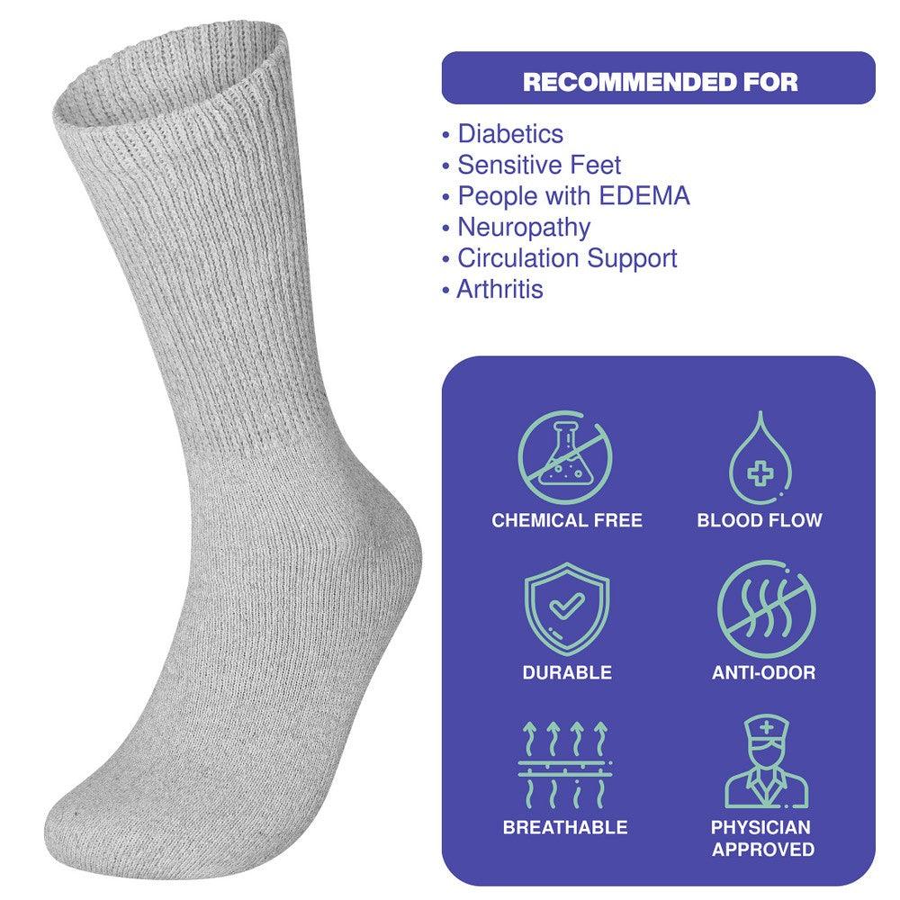 6 pairs of unisex diabetic crew socks in various colors, showcasing their soft texture and loose fit design for optimal comfort.