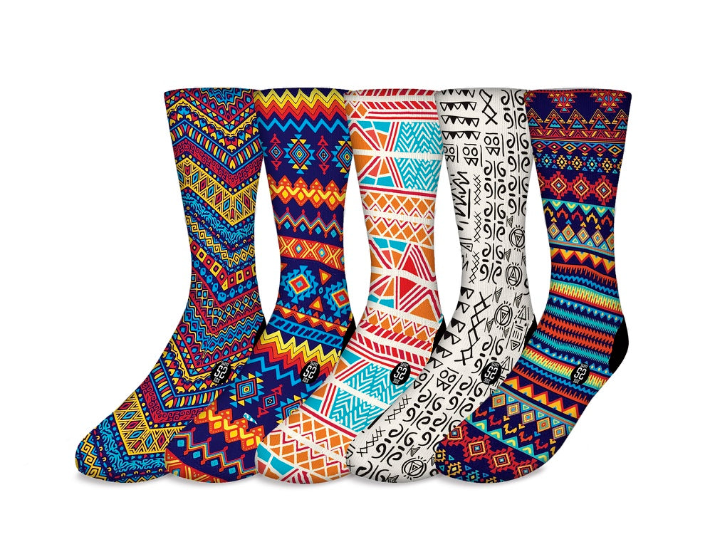 A colorful bundle of five African Tribal Theme socks showcasing vibrant patterns and designs.