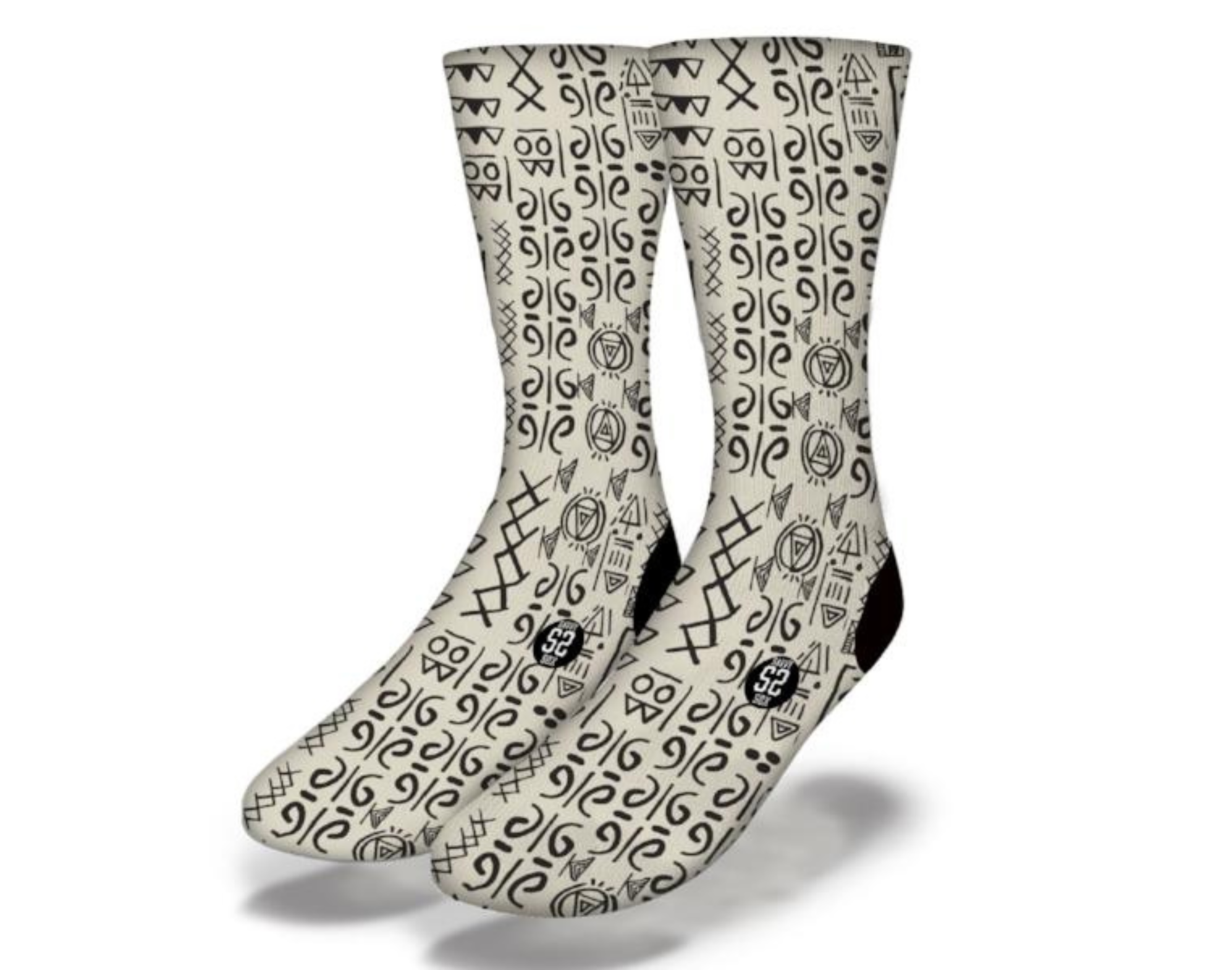 A pair of BLACK & TAN African Tribal Pattern Socks featuring intricate criss-cross lines and triangles, perfect for stylish and comfortable wear.