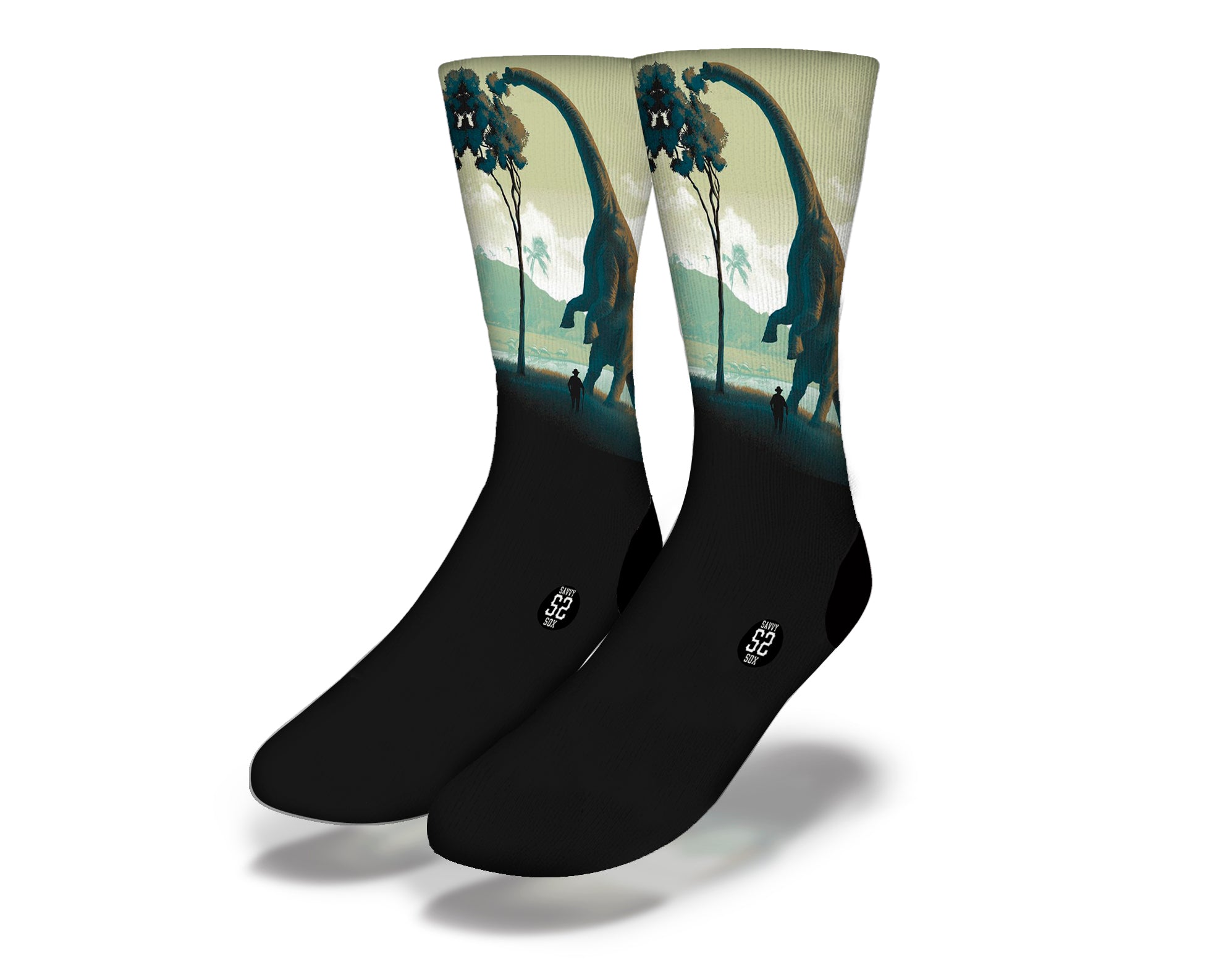 Colorful BRONTOSAURUS MUNCHIES socks featuring playful dinosaur designs reaching for snacks, perfect for kids and adults.